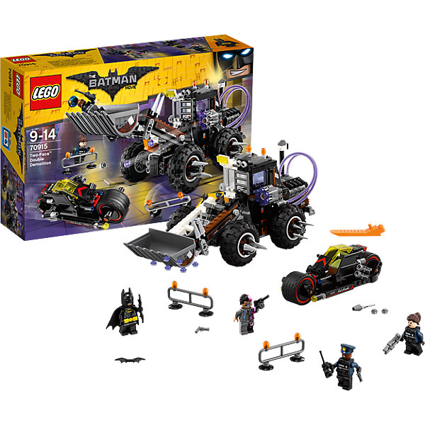 LEGO Batman Movie 70915: Разрушительное нападение Двуликого LEGO Batman Movie 70915: Разрушительное нападение ДвуликогоПластмассовые конструкторы<br>Характеристики товара: <br><br>• возраст: от 9 лет;<br>• материал: пластик;<br>• в комплекте: 564 детали, 4 минифигурки;<br>• размер упаковки: 38,2х26,2х9,4 см;<br>• вес упаковки: 890 гр.;<br>• страна производитель: Чехия.<br><br>Конструктор Lego Batman Movie «Разрушительное нападение Двуликого» из серии Lego Batman, посвященной известному супергерою. Из деталей собираются мотоцикл Бэтмена и экскаватор его противника Двуликого. У экскаватора вращающиеся колеса, оснащенные шипами для защиты. Спереди ковш, который поднимется и опускается. Сбоку пушка, стреляющая снарядами. <br><br>Конструктор Lego Batman Movie «Разрушительное нападение Двуликого» можно приобрести в нашем интернет-магазине.<br><br>Ширина мм: 382<br>Глубина мм: 262<br>Высота мм: 94<br>Вес г: 874<br>Возраст от месяцев: 108<br>Возраст до месяцев: 168<br>Пол: Мужской<br>Возраст: Детский<br>SKU: 5620007