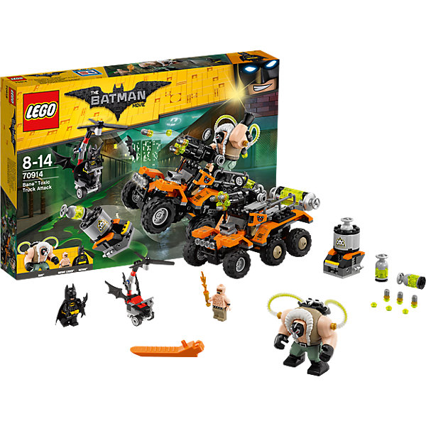 LEGO Batman Movie 70914: Химическая атака Бэйна LEGO Batman Movie 70914: Химическая атака БэйнаПластмассовые конструкторы<br>Характеристики товара: <br><br>• возраст: от 8 лет;<br>• материал: пластик;<br>• в комплекте: 366 деталей, 3 минифигурки;<br>• размер упаковки: 38,2х26,2х5,7 см;<br>• вес упаковки: 585 гр.;<br>• страна производитель: Китай.<br><br>Конструктор Lego Batman Movie «Химическая атака Бейна» из серии Lego Batman, посвященной известному супергерою. Бейн — один из самых опасных противников. На своем вездеходе он везет химическое оружие, которое готовится распылить в городе. Бэтмен же должен помешать Бейну. У него есть свое транспортное средство, которое может перемещаться по земле и летать по воздуху. <br><br>Конструктор Lego Batman Movie «Химическая атака Бейна» можно приобрести в нашем интернет-магазине.<br><br>Ширина мм: 382<br>Глубина мм: 266<br>Высота мм: 63<br>Вес г: 585<br>Возраст от месяцев: 96<br>Возраст до месяцев: 168<br>Пол: Мужской<br>Возраст: Детский<br>SKU: 5620008
