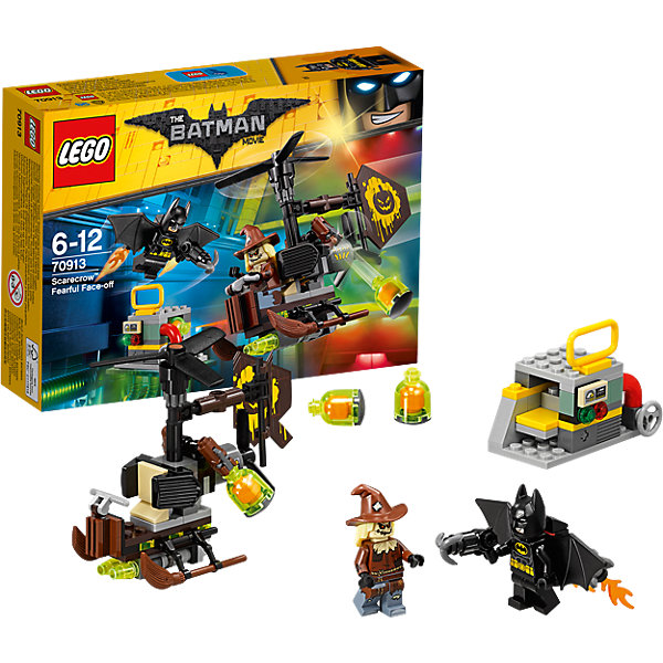 LEGO Batman Movie 70913: Схватка с Пугалом LEGO Batman Movie 70913: Схватка с ПугаломПластмассовые конструкторы<br>Характеристики товара: <br><br>• возраст: от 6 лет;<br>• материал: пластик;<br>• в комплекте: 141 деталь, 2 минифигурки;<br>• размер упаковки: 19,1х14,1х4,6 см;<br>• вес упаковки: 165 гр.;<br>• страна производитель: Китай.<br><br>Конструктор Lego Batman Movie «Схватка с Пугалом» из серии Lego Batman, посвященной известному супергерою. Бэтмен вступает в битву с Пугалом. Из деталей собирается транспортное средство Пугала. Оно напоминает вертолет, но вместо полозьев у него метла, лопасти вращаются. Сзади развивается флаг злодея. Внизу расположено оружие для сброса бомб. <br><br>Конструктор Lego Batman Movie «Схватка с Пугалом» можно приобрести в нашем интернет-магазине.<br><br>Ширина мм: 194<br>Глубина мм: 139<br>Высота мм: 48<br>Вес г: 164<br>Возраст от месяцев: 72<br>Возраст до месяцев: 144<br>Пол: Мужской<br>Возраст: Детский<br>SKU: 5620009