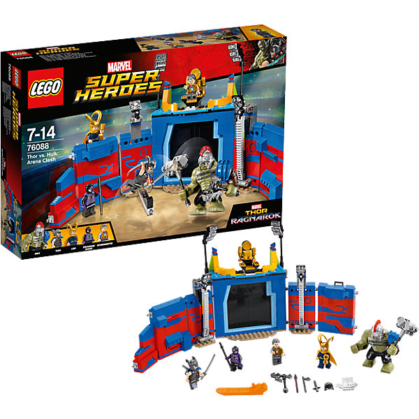 Конструктор Lego Super Heroes 76088: Тор против Халка: Бой на арене Конструктор Lego Super Heroes 76088: Тор против Халка: Бой на аренеКонструкторы Лего<br>Характеристики товара:<br><br>• возраст: от 7 лет;<br>• материал: пластик;<br>• в комплекте: 492 детали;<br>• количество минифигурок: 5;<br>• размер упаковки: 26,2х38,2х7,1 см;<br>• вес упаковки: 800 гр.;<br>• страна производитель: Китай.<br><br>Конструктор Lego Super Heroes «Тор против Халка: Бой на арене» создан по мотивам фильма «Тор: Рагнарёк». Он воспроизводит одну из самых известных сцен в фильме — бой Тора против Халка. Они вынуждены сражаться друг против друга из-за воздействия Гроссмейстера, который наблюдает за сражением на арене.<br><br>Из элементов конструктора предстоит собрать 5 фигурок персонажей и арену. Все детали выполнены из качественных безопасных материалов. В процессе сборки конструктора у детей развиваются мелкая моторика рук, усидчивость, логическое мышление.<br><br>Конструктор Lego Super Heroes «Тор против Халка: Бой на арене» можно приобрести в нашем интернет-магазине.<br><br>Ширина мм: 385<br>Глубина мм: 261<br>Высота мм: 78<br>Вес г: 798<br>Возраст от месяцев: 84<br>Возраст до месяцев: 2147483647<br>Пол: Мужской<br>Возраст: Детский<br>SKU: 5620010