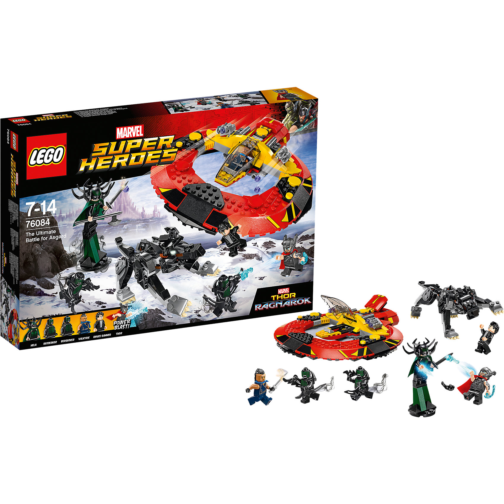 Конструктор Lego Super Heroes 76084: Решающая битва за Асгард Конструктор Lego Super Heroes 76084: Решающая битва за АсгардПластмассовые конструкторы<br>Характеристики товара:<br><br>• возраст: от 7 лет;<br>• материал: пластик;<br>• в комплекте: 400 деталей;<br>• количество минифигурок: 6;<br>• размер упаковки: 26,2х38,2х5,7 см;<br>• вес упаковки: 655 гр.;<br>• страна производитель: Китай.<br><br>Конструктор Lego Super Heroes «Решающая битва за Асгард» создан по мотивам фильма «Тор: Рагнарёк». В фильме на Асгард нападает злодейка Хела, с которой предстоит сразиться Тору. К нему на помощь прилетают на космическом корабле Халк и Валькирия. На стороне Хелы — могучий волк Фенрис.<br><br>Из элементов конструктора предстоит собрать 6 фигурок персонажей, фигурку волка и корабль. Все детали выполнены из качественных безопасных материалов. В процессе сборки конструктора у детей развиваются мелкая моторика рук, усидчивость, логическое мышление.<br><br>Конструктор Lego Super Heroes «Решающая битва за Асгард» можно приобрести в нашем интернет-магазине.<br><br>Ширина мм: 382<br>Глубина мм: 262<br>Высота мм: 57<br>Вес г: 660<br>Возраст от месяцев: 84<br>Возраст до месяцев: 2147483647<br>Пол: Мужской<br>Возраст: Детский<br>SKU: 5620011
