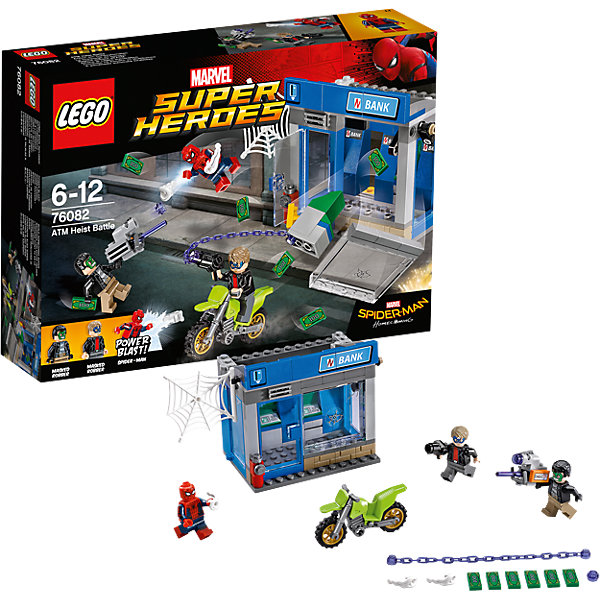 Конструктор Lego Super Heroes 76082: Ограбление банкомата Конструктор Lego Super Heroes 76082: Ограбление банкоматаКонструкторы Лего<br>Характеристики товара:<br><br>• возраст: от 6 лет;<br>• материал: пластик;<br>• в комплекте: 185 деталей;<br>• количество минифигурок: 3;<br>• размер упаковки: 26,2х19,1х6,1 см;<br>• вес упаковки: 350 гр.;<br>• страна производитель: Китай.<br><br>Конструктор Lego Super Heroes «Ограбление банкомата» создан по мотивам фильма «Человек-Паук: Возвращение домой». Грабители под масками Халка и Капитана Америки хотят ограбить банкомат, а Человек-Паук спешит им в этом помешать. <br><br>Из элементов конструктора предстоит собрать 3 фигурки персонажей, банк и мотоцикл. Все детали выполнены из качественных безопасных материалов. В процессе сборки конструктора у детей развиваются мелкая моторика рук, усидчивость, логическое мышление.<br><br>Конструктор Lego Super Heroes «Ограбление банкомата» можно приобрести в нашем интернет-магазине.<br><br>Ширина мм: 264<br>Глубина мм: 192<br>Высота мм: 66<br>Вес г: 350<br>Возраст от месяцев: 72<br>Возраст до месяцев: 2147483647<br>Пол: Мужской<br>Возраст: Детский<br>SKU: 5620013