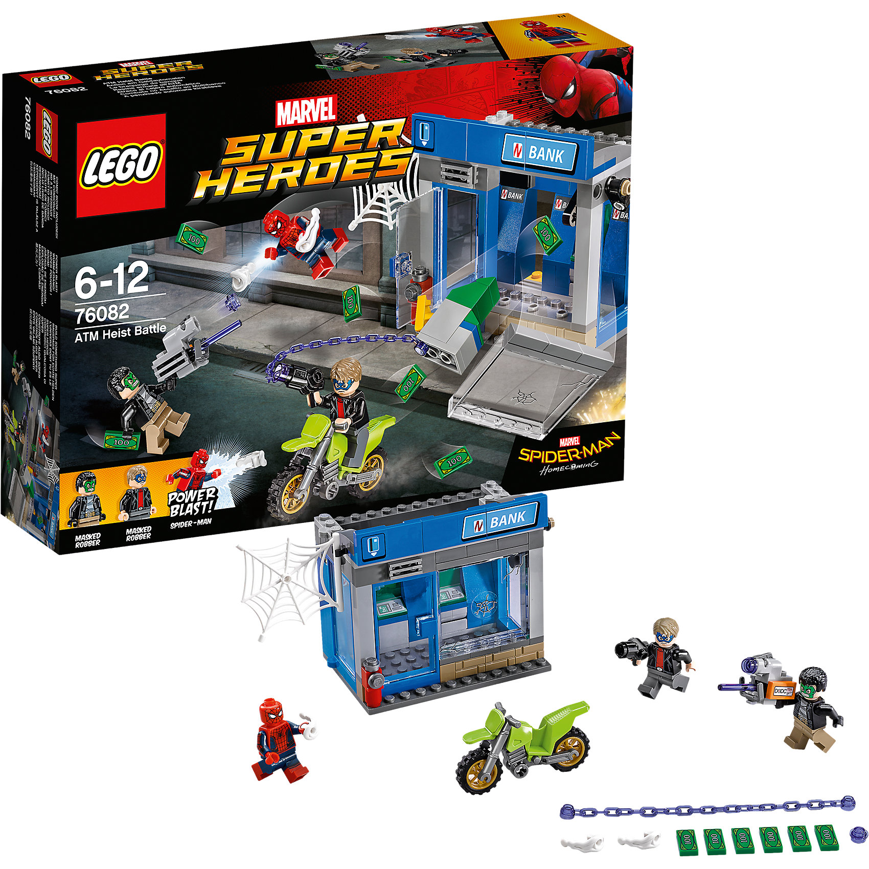 Конструктор Lego Super Heroes 76082: Ограбление банкомата Конструктор Lego Super Heroes 76082: Ограбление банкоматаПластмассовые конструкторы<br>Характеристики товара:<br><br>• возраст: от 6 лет;<br>• материал: пластик;<br>• в комплекте: 185 деталей;<br>• количество минифигурок: 3;<br>• размер упаковки: 26,2х19,1х6,1 см;<br>• вес упаковки: 350 гр.;<br>• страна производитель: Китай.<br><br>Конструктор Lego Super Heroes «Ограбление банкомата» создан по мотивам фильма «Человек-Паук: Возвращение домой». Грабители под масками Халка и Капитана Америки хотят ограбить банкомат, а Человек-Паук спешит им в этом помешать. <br><br>Из элементов конструктора предстоит собрать 3 фигурки персонажей, банк и мотоцикл. Все детали выполнены из качественных безопасных материалов. В процессе сборки конструктора у детей развиваются мелкая моторика рук, усидчивость, логическое мышление.<br><br>Конструктор Lego Super Heroes «Ограбление банкомата» можно приобрести в нашем интернет-магазине.<br><br>Ширина мм: 262<br>Глубина мм: 191<br>Высота мм: 61<br>Вес г: 354<br>Возраст от месяцев: 72<br>Возраст до месяцев: 2147483647<br>Пол: Мужской<br>Возраст: Детский<br>SKU: 5620013