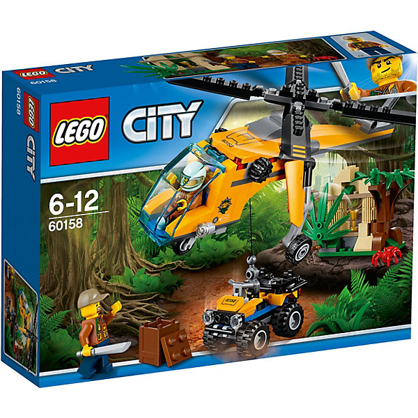 LEGO City 60158: Грузовой вертолёт исследователей джунглей LEGO City 60158: Грузовой вертолёт исследователей джунглейПластмассовые конструкторы<br>Характеристики товара: <br><br>• возраст: от 6 лет;<br>• материал: пластик;<br>• в комплекте: 201 деталь, 2 минифигурки;<br>• размер упаковки: 26,2х19,1х6,1 см;<br>• вес упаковки: 330 гр.;<br>• страна производитель: Чехия.<br><br>Конструктор Lego City «Грузовой вертолет исследователей джунглей» из серии Лего Сити, посвященной изучению джунглей. Исследователи отправляются на поиски кубка в джунгли. Они летят на грузовом вертолете, оснащенном лебедкой и крюком для перевозки внедорожника. Лопасти вертолета вращаются, внутрь кабины можно посадить пилота. Благодаря вращающимся колесам джип ездит по поверхности. Кубок спрятан в гроте, увитом листвой и лианами. <br><br>Конструктор Lego City «Грузовой вертолет исследователей джунглей» можно приобрести в нашем интернет-магазине.<br><br>Ширина мм: 264<br>Глубина мм: 190<br>Высота мм: 66<br>Вес г: 329<br>Возраст от месяцев: 72<br>Возраст до месяцев: 144<br>Пол: Мужской<br>Возраст: Детский<br>SKU: 5620026