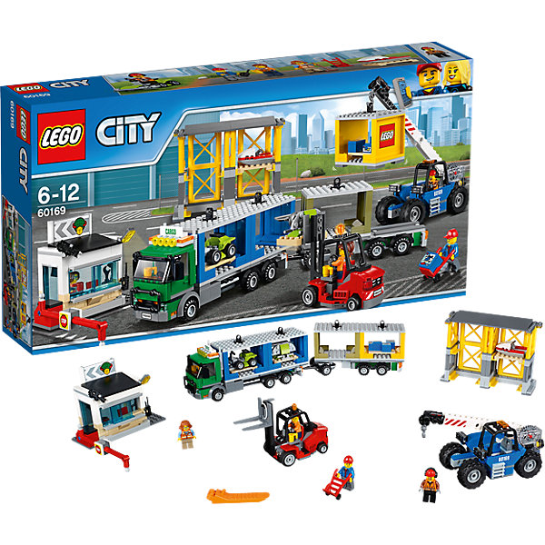 LEGO City 60169: Грузовой терминал LEGO City 60169: Грузовой терминалПластмассовые конструкторы<br>Характеристики товара: <br><br>• возраст: от 6 лет;<br>• материал: пластик;<br>• в комплекте: 740 деталей, 4 минифигурки;<br>• размер упаковки: 54х28,2х9,1 см;<br>• вес упаковки: 1,41 кг;<br>• страна производитель: Венгрия.<br><br>Конструктор Lego City «Грузовой терминал» позволит собрать сразу несколько элементов терминала для перевозки грузов. На въезде — контрольно-пропускной пункт в виде будки с поднимающимся шлагбаумом и камерой наблюдения. На территории расположены складские помещения для хранения грузов. Работают на территории грузовик и 2 погрузчика. К грузовику прицеплен прицеп для тяжелых грузов, внутри грузовика можно перевозить небольшие скутеры и машинки. Один из погрузчиков оснащен подъемником с крюком.<br><br>Конструктор Lego City «Грузовой терминал» можно приобрести в нашем интернет-магазине.<br><br>Ширина мм: 539<br>Глубина мм: 281<br>Высота мм: 96<br>Вес г: 1406<br>Возраст от месяцев: 72<br>Возраст до месяцев: 144<br>Пол: Мужской<br>Возраст: Детский<br>SKU: 5620030