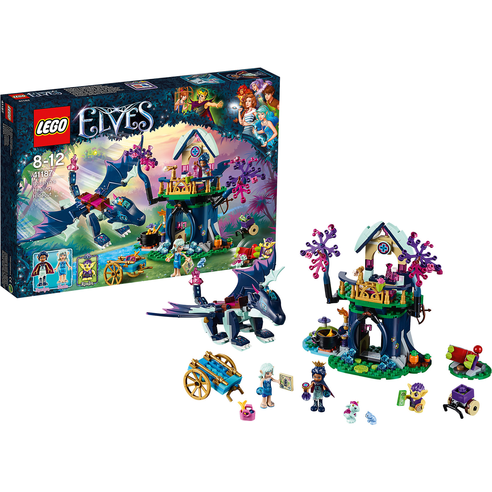 Конструктор Lego Elves 41187: Тайная лечебница Розалин Конструктор Lego Elves 41187: Тайная лечебница РозалинПластмассовые конструкторы<br>Характеристики товара:<br><br>• возраст: от 8 лет;<br>• материал: пластик;<br>• количество деталей: 460 деталей;<br>• в комплекте: детали конструктора, 3 минифигурки, 2 микрофигурки, повозка, дракон, хищное растение, аксессуары<br>• размер упаковки: 38,2х26,2х5,7 см;<br>• вес упаковки: 615 гр.;<br>• страна производитель: Китай.<br><br>Конструктор Lego Elves «Тайная лечебница Розалин» относится к серии Лего Эльфы, рассказывающей о хранительнице портала между миром эльфов и людей Эмили Джонс. В лечебнице Розалин имеется все необходимое для исцеления: колбы, кристаллы, овощи, котел. Для защиты от гоблинов Розалин использует лук, а также телескоп для осмотра местности. С ней ее верный дракон Сапфир. К Розалин заехала эльф воды Наида и привезла продуктов.<br><br>Из элементов конструктора предстоит собрать домик, повозку, дракона, фигурки эльфов и гоблина. С ними девочка сможет придумать захватывающие сюжеты для игры. Сборка конструктора развивает у детей мелкую моторику рук, усидчивость, логическое мышление.<br><br>Конструктор Lego Elves «Тайная лечебница Розалин» можно приобрести в нашем интернет-магазине.<br><br>Ширина мм: 382<br>Глубина мм: 262<br>Высота мм: 57<br>Вес г: 486<br>Возраст от месяцев: 96<br>Возраст до месяцев: 2147483647<br>Пол: Женский<br>Возраст: Детский<br>SKU: 5620040