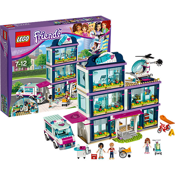 LEGO Friends 41318: Клиника Хартлейк-Сити LEGO Friends 41318: Клиника Хартлейк-СитиПластмассовые конструкторы<br>Характеристики товара: <br><br>• возраст: от 7 лет;<br>• материал: пластик;<br>• в комплекте: 871 деталь, 4 минифигурки;<br>• размер упаковки: 48х37,8х9,4 см;<br>• вес упаковки: 1,67 кг;<br>• страна производитель: Китай.<br><br>Конструктор Lego Friends «Клиника Хартлейк-Сити» из серии Лего Подружки, разработанной специально для девочек. Из деталей собирается госпиталь, вертолет для доставки больных и машина скорой помощи. Госпиталь представляет собой большой трехэтажное здание. На третьем этаже находится площадка для посадки вертолета. У машины вращаются колеса. В кабину можно посадить фигурку. Задняя дверь открывается и внутри перевозятся носилки для больных.<br><br>Конструктор Lego Friends «Клиника Хартлейк-Сити» можно приобрести в нашем интернет-магазине.<br><br>Ширина мм: 473<br>Глубина мм: 375<br>Высота мм: 99<br>Вес г: 1688<br>Возраст от месяцев: 84<br>Возраст до месяцев: 144<br>Пол: Женский<br>Возраст: Детский<br>SKU: 5620046