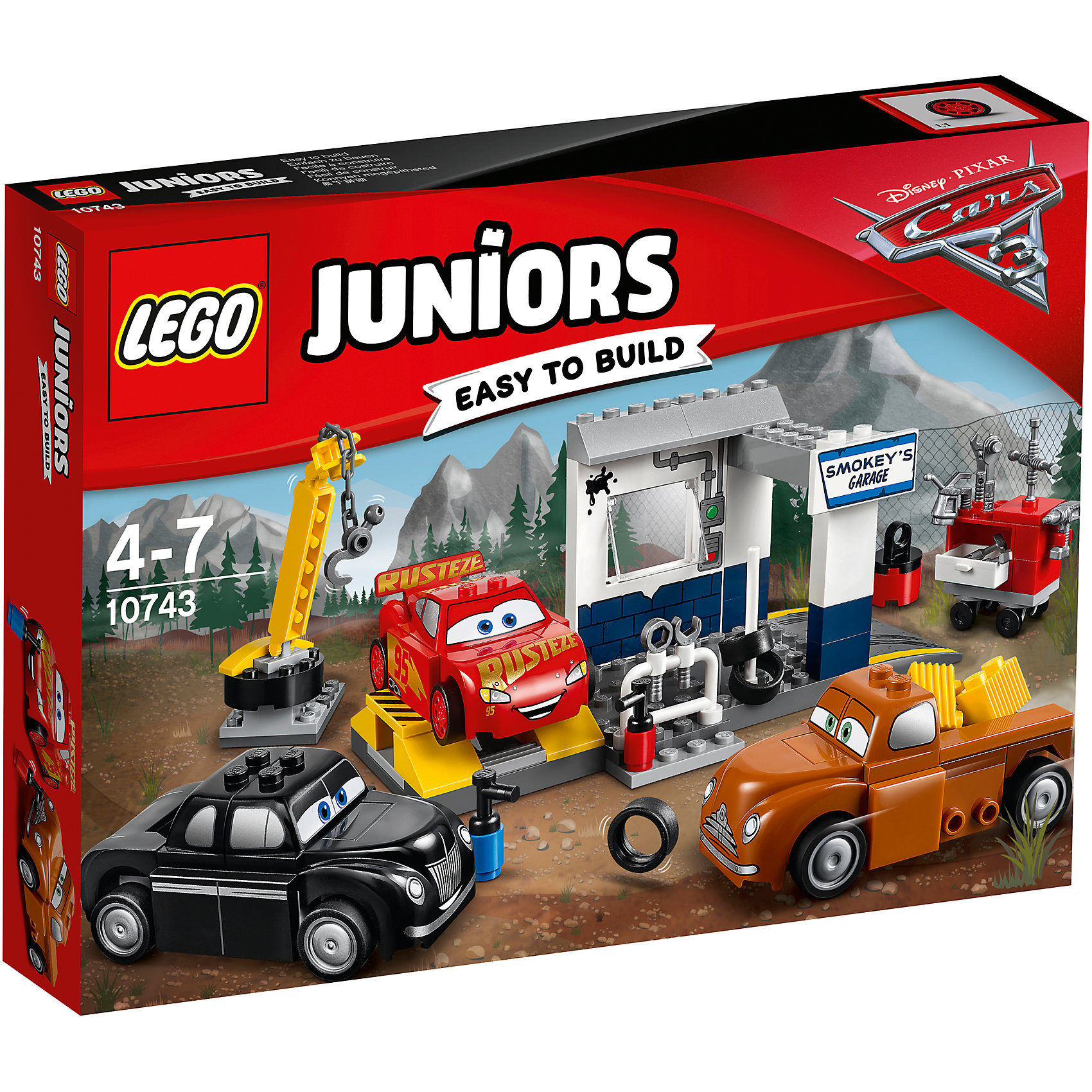 Конструктор LEGO Juniors 10743 Тачки 3: Гараж Смоуки Конструктор LEGO Juniors 10743 Тачки 3: Гараж СмоукиПластмассовые конструкторы<br>Характеристики товара:<br><br>• возраст: от 4 лет;<br>• материал: пластик;<br>• в комплекте: 116 деталей, инструкция;<br>• размер упаковки: 26,2х19,1х4,6 см;<br>• вес упаковки: 305 гр.;<br>• страна производитель: Венгрия.<br><br>Конструктор Lego Juniors «Гараж Смоуки» создан по мотивам мультфильма «Тачки 3». Молния МакКуин тренируется и готовится к стартам вместе со Смоуки и Джуниором Муром. Они готовятся к гонке и исправляют неполадки в специальном гараже Смоуки. Тут они могут заменить шины, провести ремонт при помощи инструментов. Для перемещения тяжелых предметов используется кран с подвижной платформой и вращающимся крюком.<br><br>Из элементов предстоит собрать сразу 3 любимых персонажей, кран, гараж и ящик с инструментами. Все детали конструктора созданы из качественных безопасных материалов. В процессе сборки у ребенка развивается мелкая моторика рук, усидчивость, логическое мышление.<br><br>Конструктор Lego Juniors «Гараж Смоуки» можно приобрести в нашем интернет-магазине.<br><br>Ширина мм: 264<br>Глубина мм: 190<br>Высота мм: 53<br>Вес г: 306<br>Возраст от месяцев: 48<br>Возраст до месяцев: 2147483647<br>Пол: Мужской<br>Возраст: Детский<br>SKU: 5620059