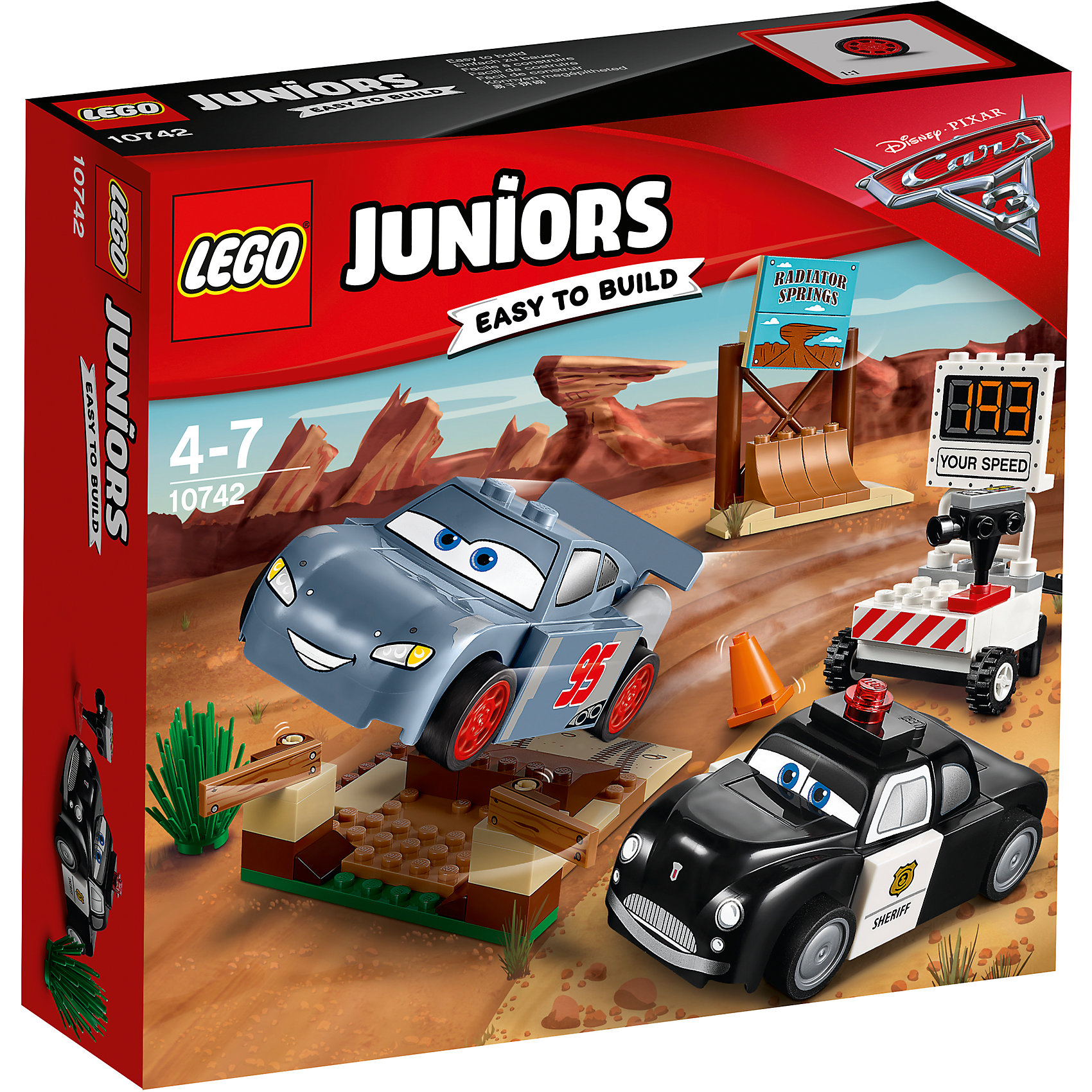 Конструктор LEGO Juniors 10742 Тачки 3: Тренировочный полигон Вилли Бутта Конструктор LEGO Juniors 10742 Тачки 3: Тренировочный полигон Вилли БуттаПластмассовые конструкторы<br>Характеристики товара:<br><br>• возраст: от 4 лет;<br>• материал: пластик;<br>• в комплекте: 95 деталей, инструкция;<br>• размер упаковки: 20,5х19,1х6 см;<br>• вес упаковки: 250 гр.;<br>• страна производитель: Венгрия.<br><br>Конструктор Lego Juniors «Тренировочный полигон Вилли Бутта» создан по мотивам мультфильма «Тачки 3». Вилли Бутт — шериф, который поможет Молнии МакКуину подготовится к предстоящей гонке. На стартовой площадке для разгона имеется спуск, скатившись с которого Молния МакКуин набирает скорость. На полигоне предусмотрен спидометр для считывания скорости, который крепится к багажнику Вилли Бутта. <br><br>Из элементов предстоит собрать 2 машинки, спидометр, тренировочную площадку, заградительное сооружение. Все детали конструктора созданы из качественных безопасных материалов. В процессе сборки у ребенка развивается мелкая моторика рук, усидчивость, логическое мышление.<br><br>Конструктор Lego Juniors «Тренировочный полигон Вилли Бутта» можно приобрести в нашем интернет-магазине.<br><br>Ширина мм: 207<br>Глубина мм: 192<br>Высота мм: 63<br>Вес г: 247<br>Возраст от месяцев: 48<br>Возраст до месяцев: 84<br>Пол: Мужской<br>Возраст: Детский<br>SKU: 5620060