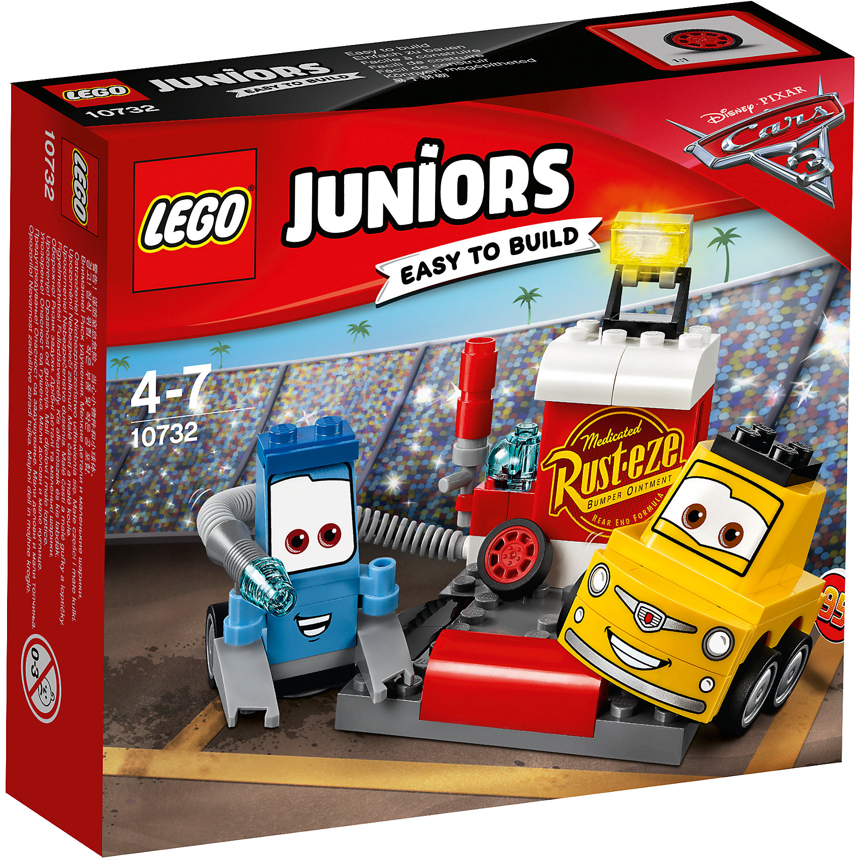 Конструктор LEGO Juniors 10732: Тачки 3 Пит-стоп Гвидо и Луиджи Конструктор LEGO Juniors 10732: Тачки 3 Пит-стоп Гвидо и ЛуиджиПластмассовые конструкторы<br>Характеристики товара:<br><br>• возраст: от 4 лет;<br>• материал: пластик;<br>• в комплекте: 75 деталей, инструкция;<br>• размер упаковки: 15,7х14х4,5 см;<br>• вес упаковки: 130 гр.;<br>• страна производитель: Венгрия.<br><br>Конструктор Lego Juniors «Пит-стоп Гвидо и Луиджи» создан по мотивам мультфильма «Тачки 3». Гвидо и Луиджи занимаются подготовкой гонщиков к старту, устранением технических неисправностей и заправкой бака машинки. Они готовят машинки к гонке на своем пит-стопе, на котором имеются канистра со шлангом для заправки, запасное колесо, шлагбаум, дающий старт.<br><br>Из элементов предстоит собрать 2 машинки и пит-стоп. Все детали конструктора созданы из качественных безопасных материалов. В процессе сборки у ребенка развивается мелкая моторика рук, усидчивость, логическое мышление.<br><br>Конструктор Lego Juniors «Пит-стоп Гвидо и Луиджи» можно приобрести в нашем интернет-магазине.<br><br>Ширина мм: 159<br>Глубина мм: 142<br>Высота мм: 48<br>Вес г: 132<br>Возраст от месяцев: 48<br>Возраст до месяцев: 2147483647<br>Пол: Мужской<br>Возраст: Детский<br>SKU: 5620062
