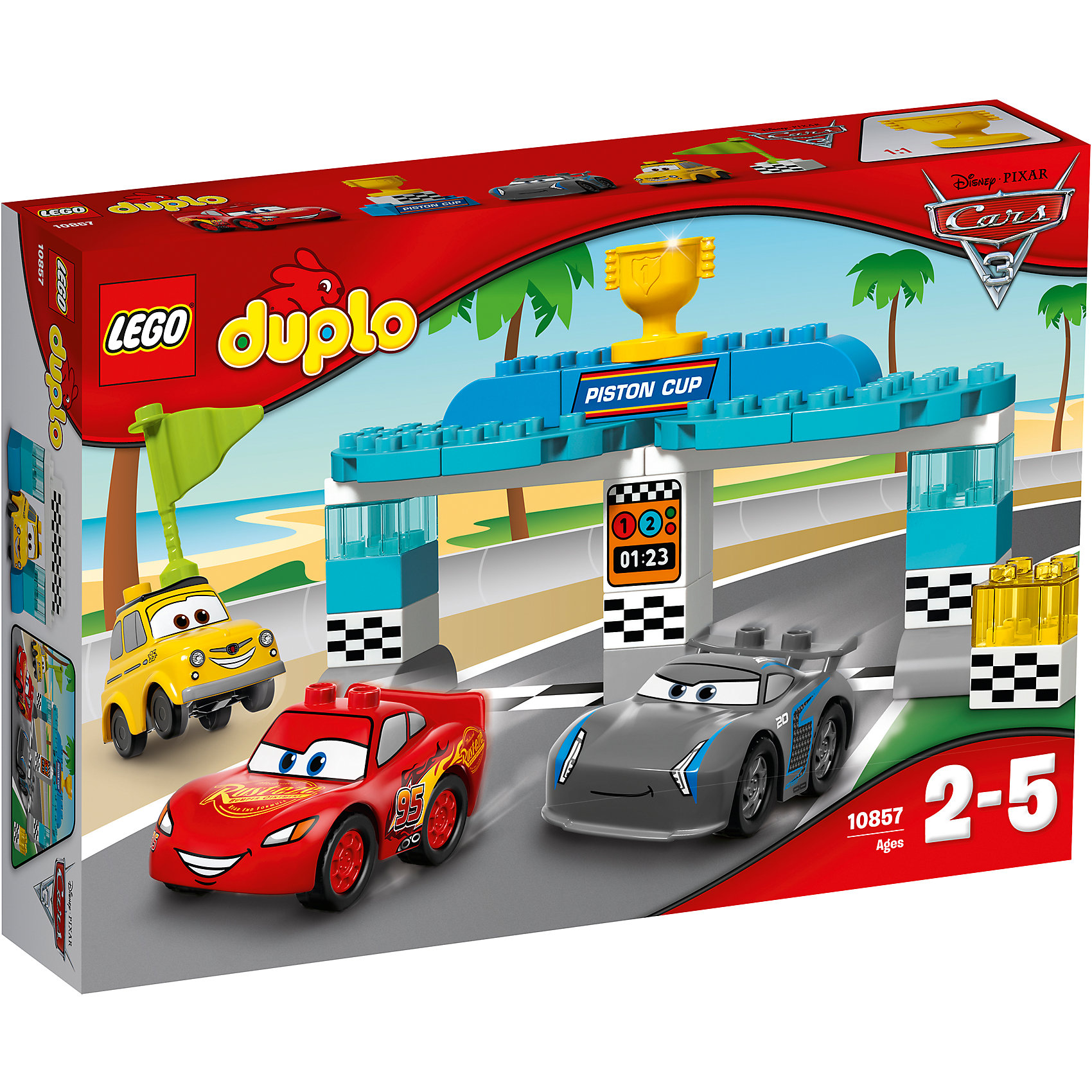 Конструктор Lego Duplo 10857 Тачки 3: Гонка за Кубок Поршня Конструктор Lego Duplo 10857 Тачки 3: Гонка за Кубок ПоршняКонструкторы для малышей<br>Характеристики товара:<br><br>• возраст: от 2 лет;<br>• материал: пластик;<br>• в комплекте: 31 деталь, инструкция;<br>• размер упаковки: 26,2х38,2х7,1 см;<br>• вес упаковки: 565 гр.;<br>• страна производитель: Китай.<br><br>Конструктор Lego Duplo «Гонка за Кубок Поршня» создан по мотивам мультфильма «Тачки 3». Молния МакКуин и Джексон Шторм сражаются за главный приз гонок — Кубок Поршня. Начинать гонку им предстоит у стартовых ворот, на которых сверху находится главный трофей за победу. Старт им дает Луиджи, махнув флажком.<br><br>Из элементов предстоит собрать 3 машинки и стартовые ворота. Все детали конструктора созданы из качественных безопасных материалов. В процессе сборки у ребенка развивается мелкая моторика рук, усидчивость, логическое мышление.<br><br>Конструктор Lego Duplo «Гонка за Кубок Поршня» можно приобрести в нашем интернет-магазине.<br><br>Ширина мм: 384<br>Глубина мм: 261<br>Высота мм: 76<br>Вес г: 568<br>Возраст от месяцев: 24<br>Возраст до месяцев: 2147483647<br>Пол: Мужской<br>Возраст: Детский<br>SKU: 5620067