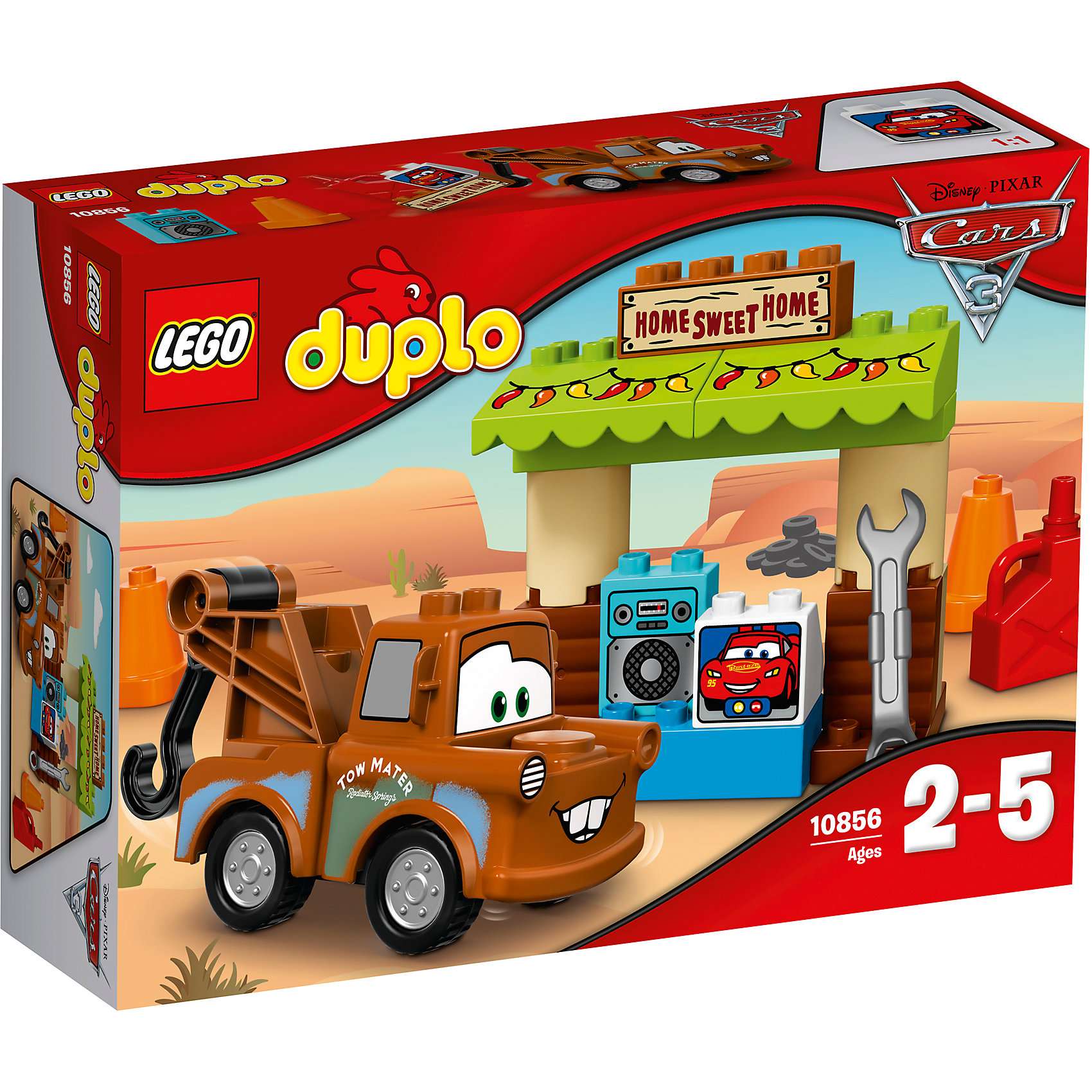 Конструктор LEGO DUPLO 10856 Тачки 3: Гараж Мэтра Конструктор LEGO DUPLO 10856 Тачки 3: Гараж МэтраПластмассовые конструкторы<br>Характеристики товара:<br><br>• возраст: от 2 лет;<br>• материал: пластик;<br>• в комплекте: 23 детали, инструкция;<br>• размер упаковки: 26,2х19,1х7,2 см;<br>• вес упаковки: 380 гр.;<br>• страна производитель: Китай.<br><br>Конструктор Lego Duplo «Гараж Мэтра» создан по мотивам мультфильма «Тачки 3». Мэтр занимается ремонтом машинок в своем гараже. Ему придут на помощь все необходимые инструменты: гаечный ключ, конус и канистра. Гараж напоминает настоящий уютный домик Мэтра. Когда он захочет отдохнуть, он может послушать музыку или поговорить с лучшим другом Молнией МакКуином. <br><br>Из элементов предстоит собрать машинку и гараж. Все детали конструктора созданы из качественных безопасных материалов. В процессе сборки у ребенка развивается мелкая моторика рук, усидчивость, логическое мышление.<br><br>Конструктор Lego Duplo «Гараж Мэтра» можно приобрести в нашем интернет-магазине.<br><br>Ширина мм: 264<br>Глубина мм: 190<br>Высота мм: 81<br>Вес г: 383<br>Возраст от месяцев: 24<br>Возраст до месяцев: 2147483647<br>Пол: Мужской<br>Возраст: Детский<br>SKU: 5620068