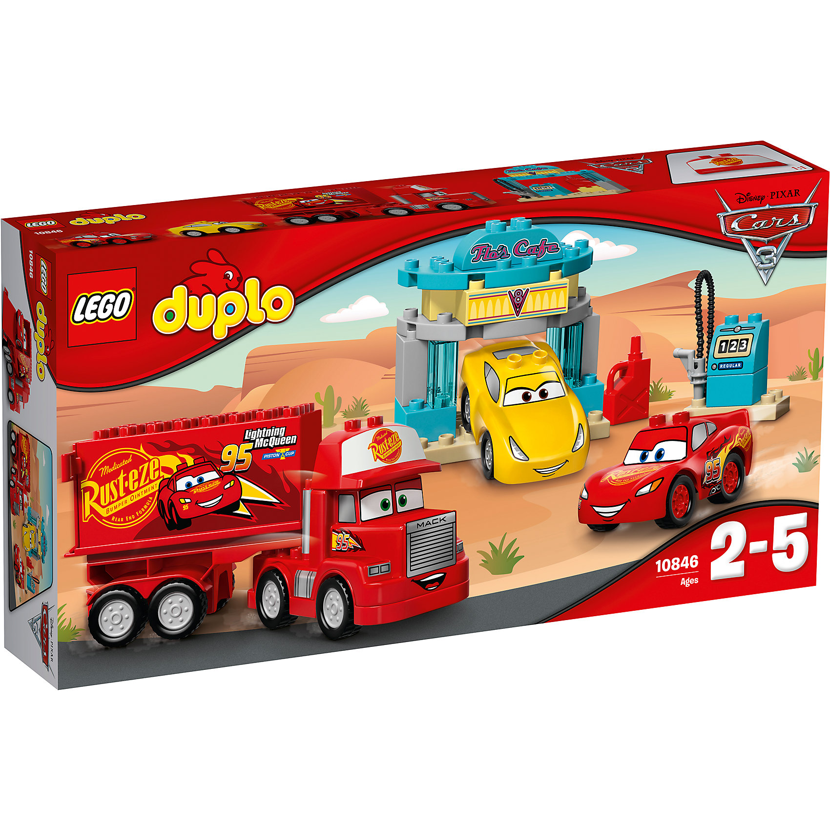 Конструктор LEGO DUPLO 10846 Тачки 3: Кафе Фло Конструктор LEGO DUPLO 10846 Тачки 3: Кафе ФлоКонструкторы для малышей<br>Характеристики товара:<br><br>• возраст: от 2 лет;<br>• материал: пластик;<br>• в комплекте: 28 деталей, инструкция;<br>• размер упаковки: 28,2х9,1х54 см;<br>• вес упаковки: 930 гр.;<br>• страна производитель: Китай.<br><br>Конструктор Lego Duplo «Кафе Фло» создан по мотивам мультфильма «Тачки 3». Кафе Фло — настоящее кафе для машинок, где они могут подзаправиться топливом. Тут можно найти заправочную станцию со шлангом и небольшую арку для заезда. Сюда заехали Молния МакКуин, грузовик Мак и Круз Рамирес. При этом Молния МакКуин приехал не сам, а поместился в кузове грузовичка Мака.<br><br>Из элементов предстоит собрать 3 машинки, топливную станцию, арку. Все детали конструктора созданы из качественных безопасных материалов. В процессе сборки у ребенка развивается мелкая моторика рук, усидчивость, логическое мышление.<br><br>Конструктор Lego Duplo «Кафе Фло» можно приобрести в нашем интернет-магазине.<br><br>Ширина мм: 541<br>Глубина мм: 281<br>Высота мм: 96<br>Вес г: 947<br>Возраст от месяцев: 24<br>Возраст до месяцев: 2147483647<br>Пол: Мужской<br>Возраст: Детский<br>SKU: 5620069