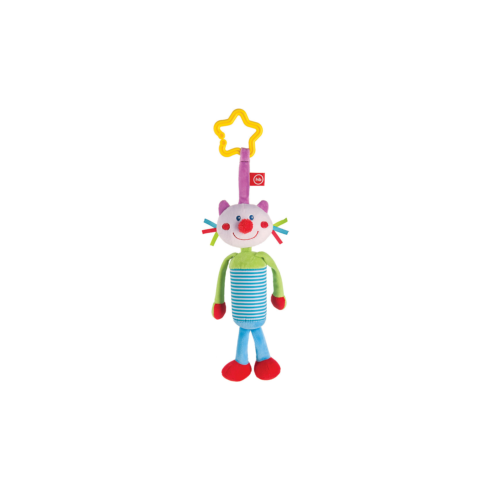 Развивающая игрушка Колокольчик Perky Kitty, Happy Baby Развивающая игрушка Колокольчик Perky Kitty, Happy BabyРазвивающие игрушки<br>Характеристики:<br><br>• Вид игр: развивающие, обучающие<br>• Материал: полиэстер, хлопок<br>• Тип крепления: кольцо<br>• Универсальный размер<br>• Вес: 840 г<br>• Параметры (Д*Ш*В): 5*12*27,5 см <br>• Особенности ухода: влажная и сухая чистка<br><br>Развивающая игрушка Колокольчик Perky Kitty, Happy Baby выполнена в виде очаровательного кота с длинными лапками. Внутри туловища котика имеется колокольчик, который при потрясывании игрушки издает мягкие звуки. Детали у кота имеют разную фактуру и цвет, что важно для развития тактильных ощущений. Игры с такой игрушкой будут способствовать зрительному и слуховому восприятию, координации движений, будут развивать мелкую моторику рук и эмоциональную сферу ребенка. <br><br>Развивающую игрушку Колокольчик Perky Kitty, Happy Baby можно купить в нашем интернет-магазине.<br><br>Ширина мм: 4<br>Глубина мм: 120<br>Высота мм: 275<br>Вес г: 840<br>Возраст от месяцев: 0<br>Возраст до месяцев: 18<br>Пол: Унисекс<br>Возраст: Детский<br>SKU: 5621705