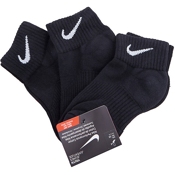 Носки NIKE Носки NIKEСпортивная форма<br>Характеристики товара:<br><br>• комплектация: 3 пары<br>• спортивный стиль<br>• состав: хлопок 67%, нейлон 30%, эластан 2%, полиэстер 1% <br>• мягкая резинка<br>• комфортная посадка <br>• укрепленная пятка и носок надежно <br>• логотип<br>• машинная стирка<br>• износостойкий материал<br>• страна бренда: США<br>• страна изготовитель: Пакистан <br><br>Продукция бренда NIKE известна высоким качеством и уникальным узнаваемым дизайном. Удобная посадка не сковывает движения, помогает создать для тела необходимую вентиляцию и вывод влаги.<br><br>Материал обеспечивает вещам долгий срок службы и отличный внешний вид даже после значительного количества стирок. Уход за изделием прост - достаточно машинной стирки на низкой температуре.<br><br>Качественный материал создает комфортную посадку, вещь при этом смотрится очень стильно. Благодаря универсальному цвету она отлично смотрится с разной одеждой и обувью.<br><br>Носки NIKE (Найк) можно купить в нашем интернет-магазине.<br><br>Ширина мм: 87<br>Глубина мм: 10<br>Высота мм: 105<br>Вес г: 115<br>Цвет: черный<br>Возраст от месяцев: 132<br>Возраст до месяцев: 144<br>Пол: Унисекс<br>Возраст: Детский<br>Размер: 33-37,37-41<br>SKU: 6676696