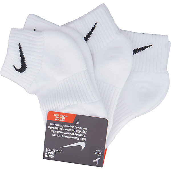 Носки NIKE Носки NIKEСпортивная форма<br>Характеристики товара:<br><br>• комплектация: 3 пары<br>• спортивный стиль<br>• состав: хлопок 67%, нейлон 30%, эластан 2%, полиэстер 1% <br>• мягкая резинка<br>• комфортная посадка <br>• укрепленная пятка и носок надежно <br>• логотип<br>• машинная стирка<br>• износостойкий материал<br>• страна бренда: США<br>• страна изготовитель: Пакистан <br><br>Продукция бренда NIKE известна высоким качеством и уникальным узнаваемым дизайном. Удобная посадка не сковывает движения, помогает создать для тела необходимую вентиляцию и вывод влаги.<br><br>Материал обеспечивает вещам долгий срок службы и отличный внешний вид даже после значительного количества стирок. Уход за изделием прост - достаточно машинной стирки на низкой температуре.<br><br>Качественный материал создает комфортную посадку, вещь при этом смотрится очень стильно. Благодаря универсальному цвету она отлично смотрится с разной одеждой и обувью.<br><br>Носки NIKE (Найк) можно купить в нашем интернет-магазине.<br><br>Ширина мм: 87<br>Глубина мм: 10<br>Высота мм: 105<br>Вес г: 115<br>Цвет: белый<br>Возраст от месяцев: 132<br>Возраст до месяцев: 144<br>Пол: Унисекс<br>Возраст: Детский<br>Размер: 33-37,37-41<br>SKU: 6676699