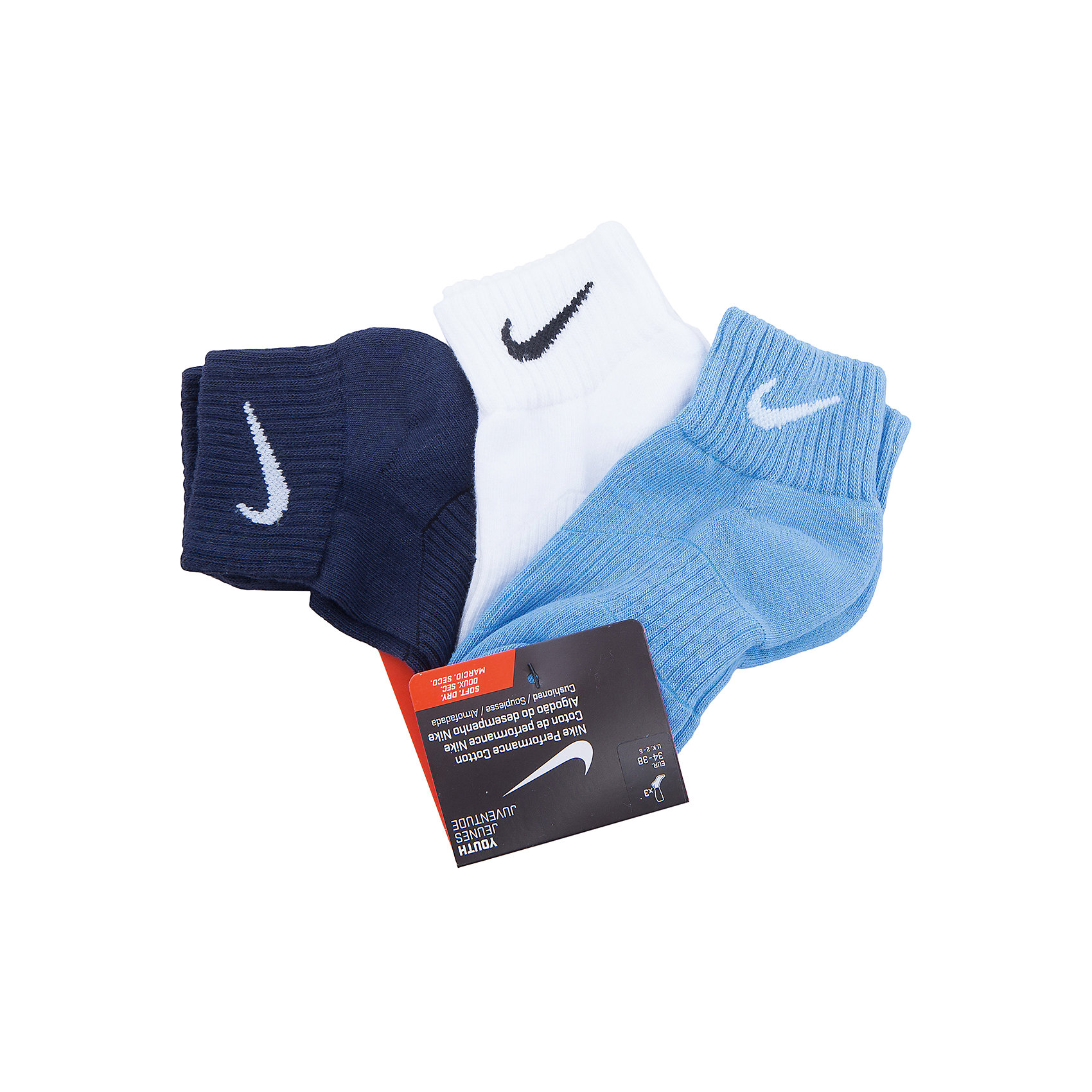 Носки NIKE Носки NIKEНоски<br>Носки NIKE<br>Короткие носки Nike Cotton Cushion No-Show: поддержка и комфорт. Детские носки Nike Cotton Cushion No-Show (3 пары) с компрессионной поддержкой свода стопы изготовлены из хлопковой ткани с функцией отвода влаги и плотно сидят на ноге. Особенности: эластичный верх для плотной, комфортной посадки, усиленная пятка и мысок для повышенной прочности в зонах, наиболее подверженных износу, поддержка свода стопы для плотного облегания.<br>Состав:<br>хлопок 68%, нейлон 29%,, эластан 2%, полиэстер 1%<br><br>Ширина мм: 87<br>Глубина мм: 10<br>Высота мм: 105<br>Вес г: 115<br>Цвет: разноцветный<br>Возраст от месяцев: 168<br>Возраст до месяцев: 1188<br>Пол: Унисекс<br>Возраст: Детский<br>Размер: 37-41,33-37<br>SKU: 6676701