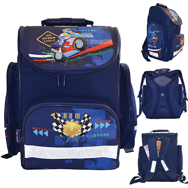 Ранец школьный JOY COLLECTION Motorbike Ранец школьный JOY COLLECTION MotorbikeРанцы<br>Вес:960грамм<br>Размер: 38 х 31 х 21 см<br>Состав: Ранец<br>Наличие светоотражающих элементов: да<br>Материал: полиэстер<br>Объем: 17 литров<br>Спина: жесткая<br>Наличие дополнительных карманов внутри: да<br>Дно выбрать: пластиковое<br>Количество отделений внутри: 2<br>Боковые карманы: да <br>Замок: защелка<br>Вмещает А4: да<br>Подойдет для возраста 8-14 лет для роста 128-146 <br>Ортопедическая сетчатая спинка с дополнительной циркуляцией воздуха.На лицевой стороне имеется декоративный элемент в виде объемной резиновой апликации.Внутри основного отделения открытый карман на липучке.Два боковых кармана на молнии со светоотарж.полосками.<br>Регулируемые снизу задние лямки со светоотражающимими полосками безопасности. Верхня ручка с пластиковой насадкой и тканевая ручка в виде петли.<br>Водоотталкивающая ткань. Противоскользящее водозащитное дно.<br><br>Ширина мм: 310<br>Глубина мм: 210<br>Высота мм: 380<br>Вес г: 960<br>Возраст от месяцев: 72<br>Возраст до месяцев: 168<br>Пол: Мужской<br>Возраст: Детский<br>SKU: 6680117