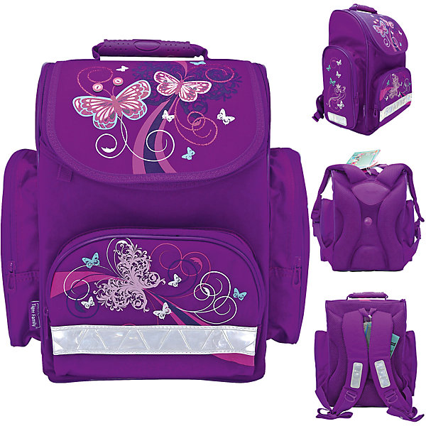 Ранец школьный JOY COLLECTION Butterfly Ранец школьный JOY COLLECTION ButterflyРанцы<br>Вес:960грамм<br>Размер: 38 х 31 х 21 см<br>Состав: Ранец<br>Наличие светоотражающих элементов: да<br>Материал: полиэстер<br>Объем: 17 литров<br>Спина: жесткая<br>Наличие дополнительных карманов внутри: да<br>Дно выбрать: пластиковое<br>Количество отделений внутри: 2<br>Боковые карманы: да <br>Замок: защелка<br>Вмещает А4: да<br>Подойдет для возраста 8-14 лет для роста 128-146 <br>Ортопедическая сетчатая спинка с дополнительной циркуляцией воздуха.На лицевой стороне имеется декоративный элемент в виде объемной резиновой апликации.Внутри основного отделения открытый карман на липучке.Два боковых кармана на молнии со светоотарж.полосками.<br>Регулируемые снизу задние лямки со светоотражающимими полосками безопасности. Верхня ручка с пластиковой насадкой и тканевая ручка в виде петли.<br>Водоотталкивающая ткань. Противоскользящее водозащитное дно.<br><br>Ширина мм: 310<br>Глубина мм: 210<br>Высота мм: 380<br>Вес г: 960<br>Возраст от месяцев: 72<br>Возраст до месяцев: 168<br>Пол: Женский<br>Возраст: Детский<br>SKU: 6680118