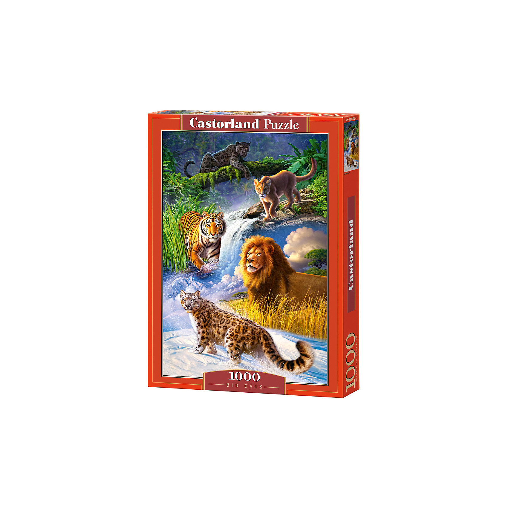 Пазл Castorland Дикие кошки, 1000 деталей Пазл Castorland Дикие кошки, 1000 деталейКлассические пазлы<br>Характеристики:<br><br>• возраст: от 9 лет<br>• количество деталей: 1000 шт.<br>• размер собранного пазла: 47х68 см.<br>• материал: картон<br>• упаковка: картонная коробка<br>• размер упаковки: 25x5x35 см.<br>• вес: 500 гр.<br>• страна обладатель бренда: Польша<br><br>Пазл «Дикие кошки» от Castorland (Касторленд) отличается высоким качеством, высоким уровнем полиграфии, насыщенными цветами и идеальной стыковкой элементов. Пазл «Дикие кошки» состоит из тысячи элементов, собрав которые, можно получить чудесную картину с изображенными в местах своего обитания, великолепными хищниками семейства кошачьих.<br><br>Пазл Дикие кошки, 1000 деталей, Castorland (Касторленд) можно купить в нашем интернет-магазине.<br><br>Ширина мм: 350<br>Глубина мм: 250<br>Высота мм: 50<br>Вес г: 500<br>Возраст от месяцев: 108<br>Возраст до месяцев: 2147483647<br>Пол: Унисекс<br>Возраст: Детский<br>SKU: 6725070