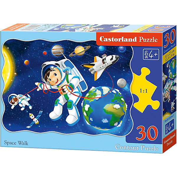 Пазл Castorland Открытый космос, 30 деталей Пазл Castorland Открытый космос, 30 деталейПазлы для малышей<br>Характеристики:<br><br>• возраст: от 4 лет<br>• количество деталей: 30 шт.<br>• размер собранного пазла: 32х23 см.<br>• материал: картон<br>• упаковка: картонная коробка<br>• размер упаковки: 18x4x13 см.<br>• вес: 150 гр.<br>• страна обладатель бренда: Польша<br><br>Из 30 элементов пазла ребенок соберет красочную картинку с изображением юного астронавта и его верного пса в открытом космосе, на фоне космического шаттла, планет Солнечной системы, Солнца и Луны. Благодаря фигурной форме картинки, процесс сбора элементов в одно изображение будет увлекательным и интересным.<br><br>Пазл Открытый космос, 30 деталей, Castorland (Касторленд) можно купить в нашем интернет-магазине.<br><br>Ширина мм: 180<br>Глубина мм: 130<br>Высота мм: 40<br>Вес г: 150<br>Возраст от месяцев: 48<br>Возраст до месяцев: 2147483647<br>Пол: Мужской<br>Возраст: Детский<br>SKU: 6725085
