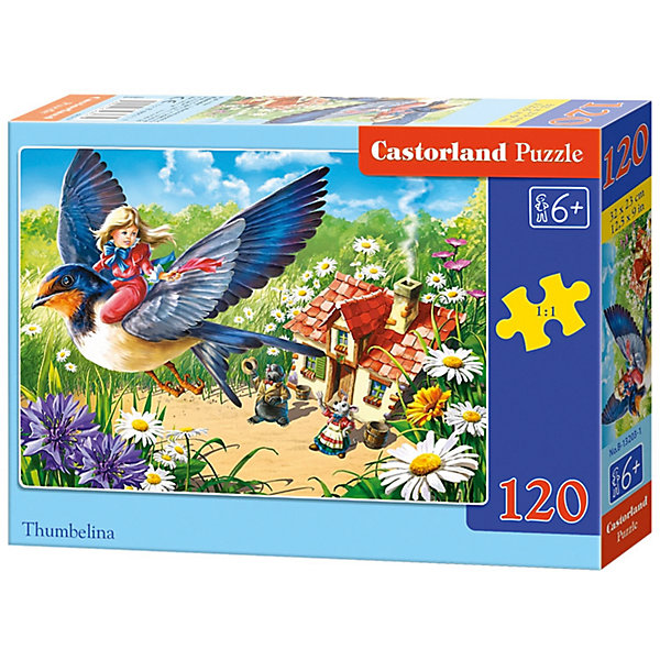 Пазл Castorland Дюймовочка, 120 деталей Пазл Castorland Дюймовочка, 120 деталейПазлы для детей постарше<br>Характеристики:<br><br>• возраст: от 6 лет<br>• количество деталей: 120 шт.<br>• размер собранного пазла: 32х23 см.<br>• материал: картон<br>• упаковка: картонная коробка<br>• размер упаковки: 17,5x3,7x13 см.<br>• вес: 300 гр.<br>• страна обладатель бренда: Польша<br><br>Пазл «Дюймовочка» от Castorland (Касторленд) отличается высоким качеством, высоким уровнем полиграфии, насыщенными цветами и идеальной стыковкой элементов. Из 120 элементов пазла ребенок соберет красочную картинку с изображением сцены из любимой детской сказки «Дюймовочка».<br><br><br>Пазл Дюймовочка, 120 деталей, Castorland (Касторленд) можно купить в нашем интернет-магазине.<br><br>Ширина мм: 175<br>Глубина мм: 130<br>Высота мм: 37<br>Вес г: 300<br>Возраст от месяцев: 72<br>Возраст до месяцев: 2147483647<br>Пол: Женский<br>Возраст: Детский<br>SKU: 6725095