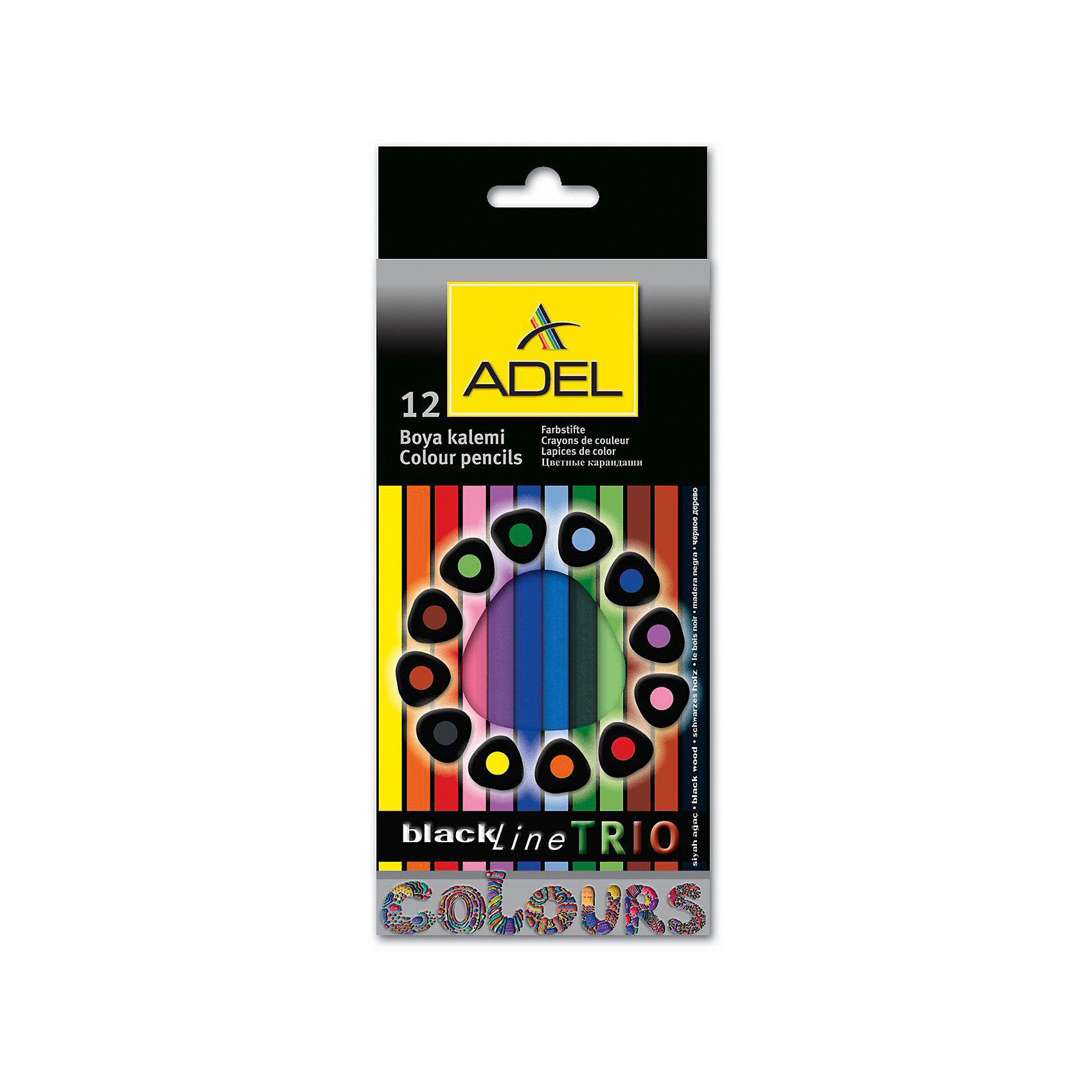 ADEL Карандаши цветные Blackline-PB TRIO трехгранные, 12 цветов. ADEL Карандаши цветные Blackline-PB TRIO трехгранные, 12 цветов.Письменные принадлежности<br>Высококачественные цветные карандаши эргономической треугольной формы с супермягким грифелем толщиной 3 мм. Корпус из черного дерева с покрытием лаком в цвет грифеля. Цвета яркие, насыщенные. Легкое затачивание.<br><br>Ширина мм: 200<br>Глубина мм: 120<br>Высота мм: 10<br>Вес г: 90<br>Возраст от месяцев: 36<br>Возраст до месяцев: 2147483647<br>Пол: Унисекс<br>Возраст: Детский<br>SKU: 6725448