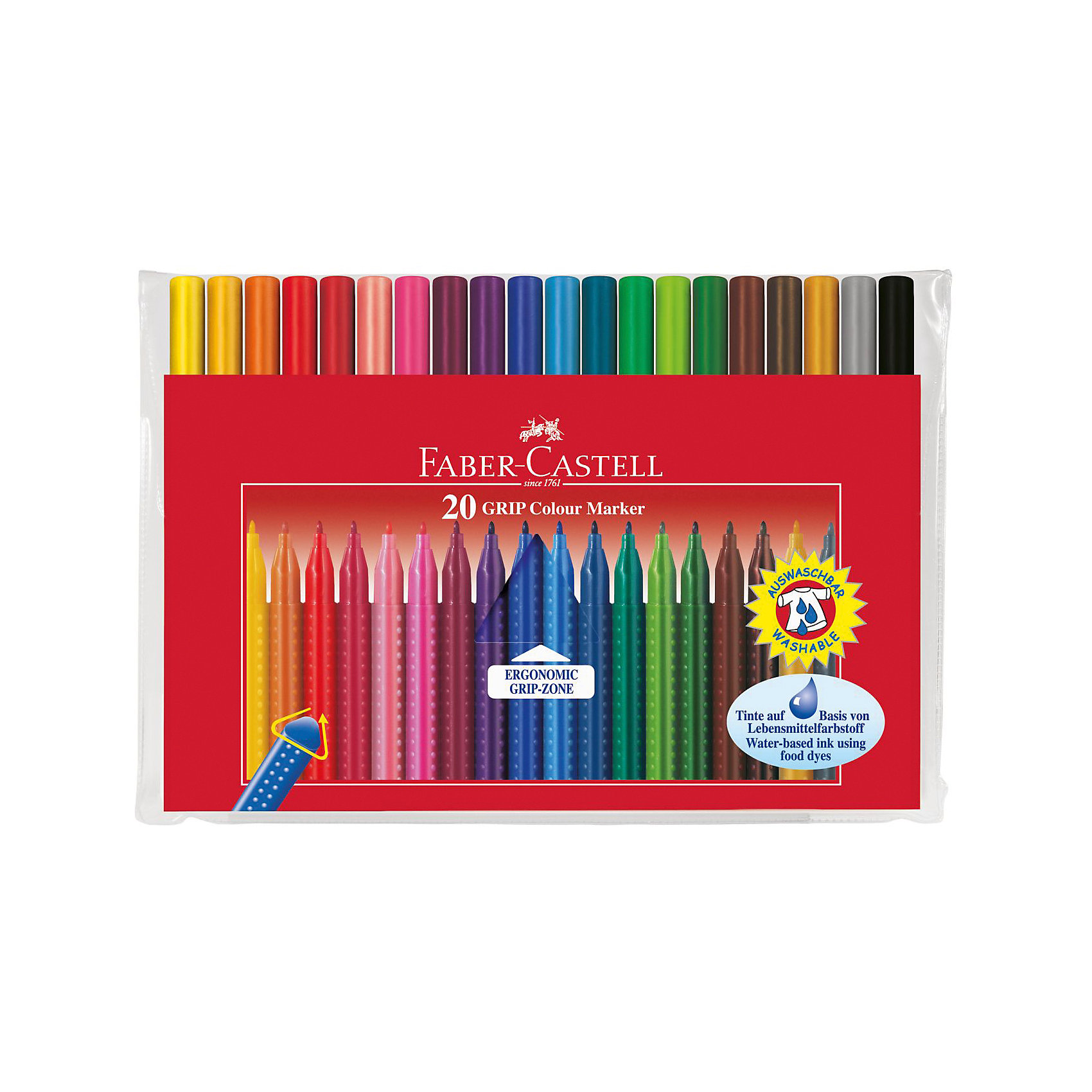 Faber-Castell Фломастеры GRIP в футляре, 20 цветов Faber-Castell Фломастеры GRIP в футляре, 20 цветовПисьменные принадлежности<br>Фломастеры GRIP это: • эргономичная трехгранная форма для удобного захвата пальцами <br>• запатентованная GRIP антискользящая зона захвата с малыми массажными шашечками <br>• наконечник, усточивый к сильным нажимам<br>• чернила на водной основе и натуральных красителях <br>• отстирывание с большинства тканей <br>• яркие и выразительные цвета<br><br>Ширина мм: 9999<br>Глубина мм: 9999<br>Высота мм: 9999<br>Вес г: 230<br>Возраст от месяцев: 72<br>Возраст до месяцев: 2147483647<br>Пол: Унисекс<br>Возраст: Детский<br>SKU: 6725463