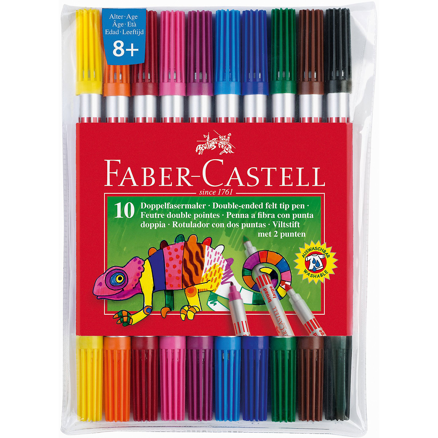 Faber-Castell Фломастеры двухсторонние в футляре, 10 цветов Faber-Castell Фломастеры двухсторонние в футляре, 10 цветовРисование<br>Фломастеры двусторонние с широким и тонким пишущими узлами позволяют как быстро раскрашивать большие участки рисунка, так и аккуратно раскрашивать мелкие. Колпачок вентилируемый. В наборе 10 интенсивных цветов. Чернила на водной основе и натуральных красителях, которые отстирываются с большинства тканей.<br><br>Ширина мм: 9999<br>Глубина мм: 9999<br>Высота мм: 9999<br>Вес г: 115<br>Возраст от месяцев: 96<br>Возраст до месяцев: 2147483647<br>Пол: Унисекс<br>Возраст: Детский<br>SKU: 6725464