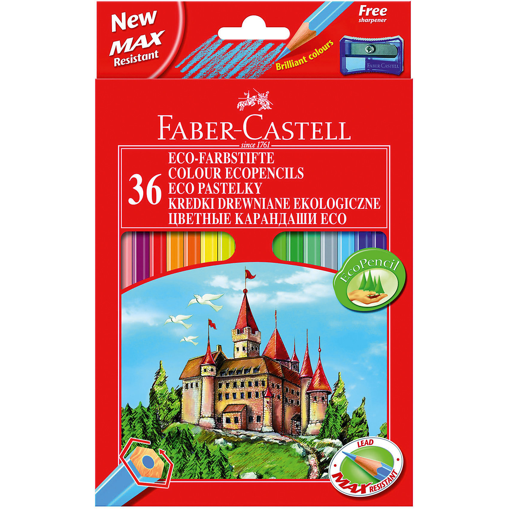 Faber-Castell Карандаши цветные Eco Замок с точилкой, 36 цветов Faber-Castell Карандаши цветные Eco Замок с точилкой, 36 цветовРисование<br>Карандаши классической шестигранной формы в комплекте с точилкой. Яркие, насыщенные цвета. Специальная технология вклеивания грифеля делает его более прочным и снижает ломкость. Карандаши покрыты лаком на водной основе – бережным по отношению к окружающей среде и здоровью детей. Качественная древесина – гарантия легкого затачивания при помощи стандартных точилок. Карандаши отстирываются с большинства тканей.<br><br>Ширина мм: 9999<br>Глубина мм: 9999<br>Высота мм: 9999<br>Вес г: 240<br>Возраст от месяцев: 72<br>Возраст до месяцев: 2147483647<br>Пол: Унисекс<br>Возраст: Детский<br>SKU: 6725469