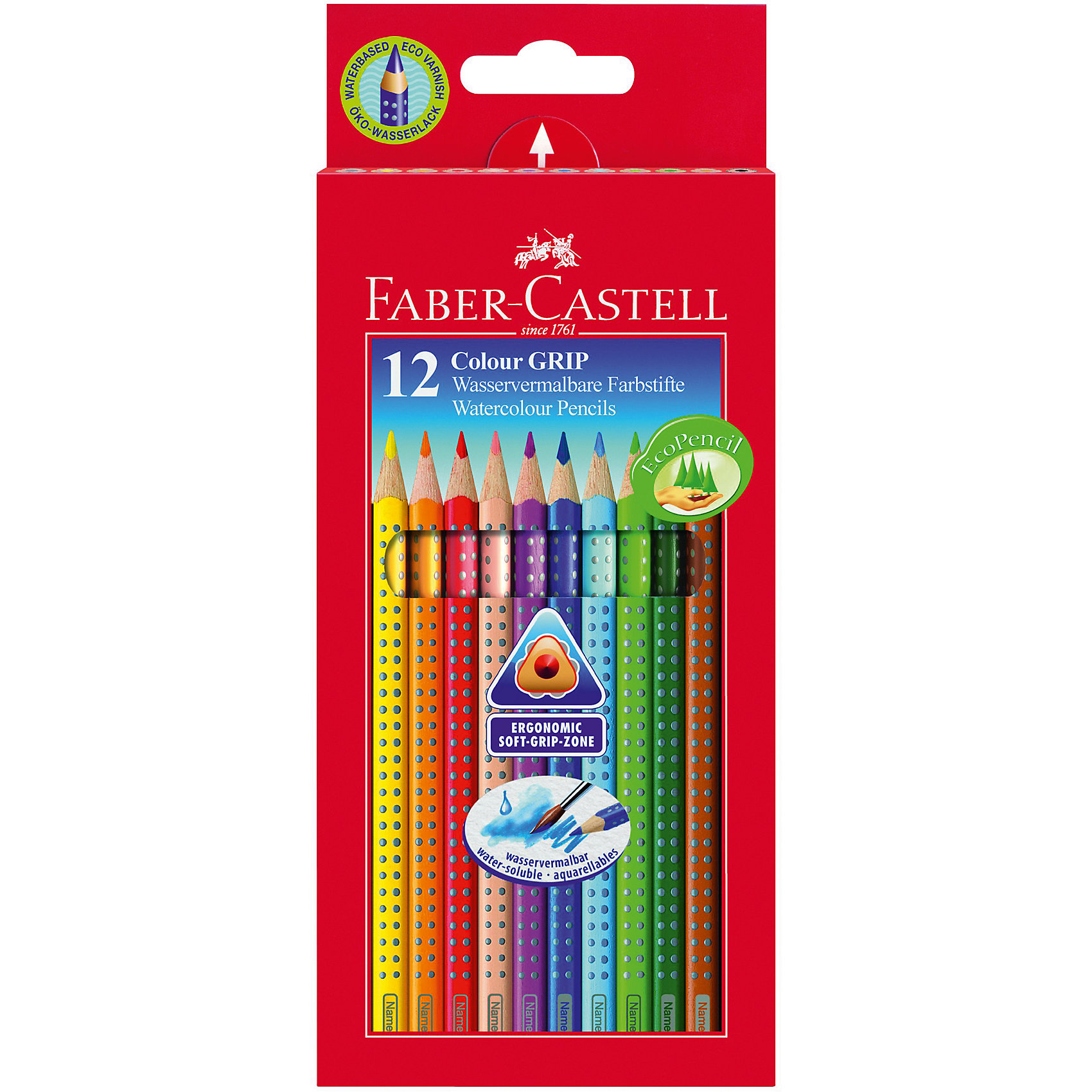 Faber-Castell Карандаши цветные Grip 2001, 12 цветов Faber-Castell Карандаши цветные Grip 2001, 12 цветовРисование<br>Трехгранные цветные карандаши цветные Faber-Castell Grip 2001 - это карандаши удобной эргономической формы. Запатентованная GRIP антискользящая зона захвата с малыми массажными шашечками. Яркие, насыщенные цвета. Специальная технология вклеивания грифеля делает его более прочным и снижает ломкость. Грифель размывается водой. Карандаши покрыты лаком на водной основе – бережным по отношению к окружающей среде и здоровью детей. Качественная древесина – гарантия легкого затачивания при помощи стандартных точилок. Карандаши отстирываются с большинства тканей.<br><br>Ширина мм: 9999<br>Глубина мм: 9999<br>Высота мм: 9999<br>Вес г: 76<br>Возраст от месяцев: 36<br>Возраст до месяцев: 2147483647<br>Пол: Унисекс<br>Возраст: Детский<br>SKU: 6725470
