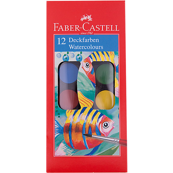 Faber-Castell Краски акварельные Watercolours с кисточкой, 12 цветов Faber-Castell Краски акварельные Watercolours с кисточкой, 12 цветовРисование и лепка<br>Краски акварельные Faber-Castell Watercolours с кисточкой. диаметр 24 мм. Качественные акварельные краски в практичном пластиковом пенале. Яркие и насыщенные цвета, высокая укрывистость.<br><br>Ширина мм: 170<br>Глубина мм: 65<br>Высота мм: 21<br>Вес г: 147<br>Возраст от месяцев: 36<br>Возраст до месяцев: 2147483647<br>Пол: Унисекс<br>Возраст: Детский<br>SKU: 6725472