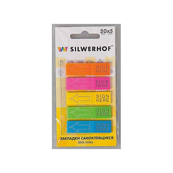 Silwerhof Закладки самоклеящиеся пластиковые SIGN HERE, 5цветов. Silwerhof Закладки самоклеящиеся пластиковые SIGN HERE, 5цветов.Школьные аксессуары<br>SIGN HERE - Пластиковые закладки для быстрого поиска нужной страницы, на которых можно легко наносить надписи шариковой ручкой. Закладки удаляются, не оставляя следов клея и не повреждая бумагу. Подходят для многоразового использования. 5 склеек по 20 листов. Размер 12х44 мм.<br><br>Ширина мм: 120<br>Глубина мм: 80<br>Высота мм: 4<br>Вес г: 6<br>Возраст от месяцев: 72<br>Возраст до месяцев: 2147483647<br>Пол: Унисекс<br>Возраст: Детский<br>SKU: 6725475