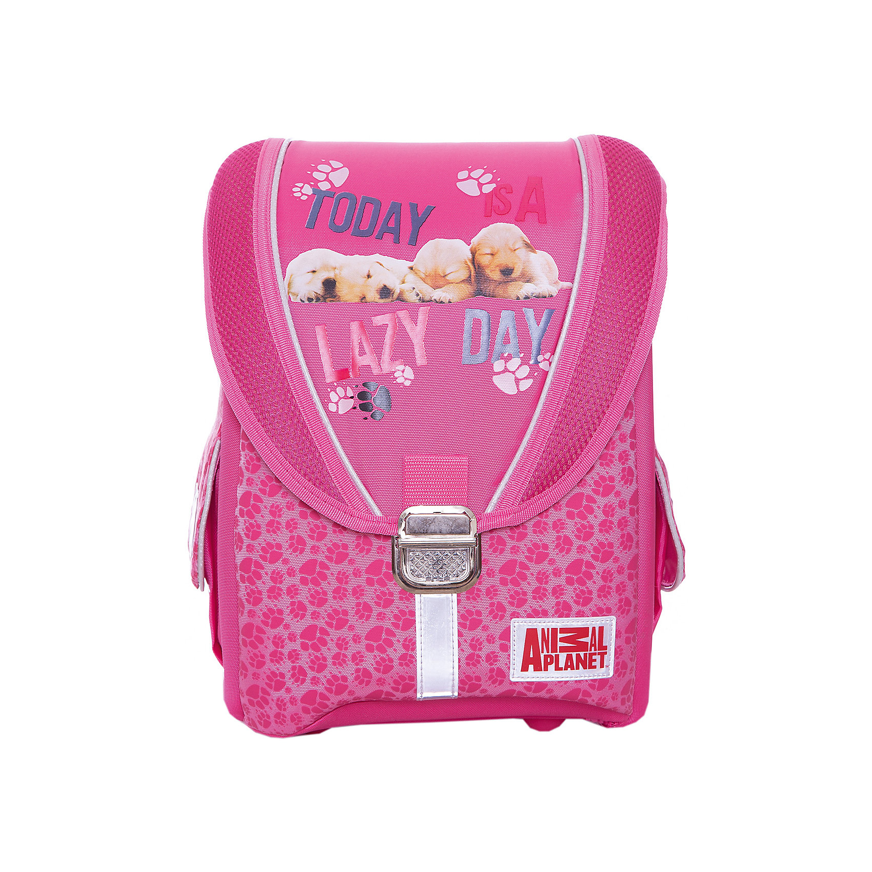 Ранец школьный ANIMAL PLANET Щенки Ранец школьный ANIMAL PLANET ЩенкиРанцы<br>Вес:950грамм<br>Размер: 35х25х14 см<br>Состав: ранец<br>Наличие светоотражающих элементов: да<br>Материал: полиэстер<br>Объем: 12л<br>Спина: жесткая<br>Наличие дополнительных карманов внутри: да<br>Дно выбрать: пластиковое<br>Количество отделений внутри: 1<br>Боковые карманы: есть молния<br>Замок: защелка<br>Вмещает А4: да<br>Подойдет для возраста какого 7-10 лет для роста 122-146<br>Размер с жесткой рельефной спинкой. <br>Материал:полиэстер<br>Возможность плоской раскладки.<br>Основное отделение закрывается на металлический замок.<br>По бокам имеются закрывающиеся карманы.<br>Светоотражающие элемены на лицевой строне. <br>На боковых карманах и на задних лямках<br>Дно имеет 4 пластиковые ножки для защиты от грязи и влаги.<br><br>Ширина мм: 250<br>Глубина мм: 140<br>Высота мм: 350<br>Вес г: 950<br>Возраст от месяцев: 84<br>Возраст до месяцев: 120<br>Пол: Женский<br>Возраст: Детский<br>SKU: 6737157