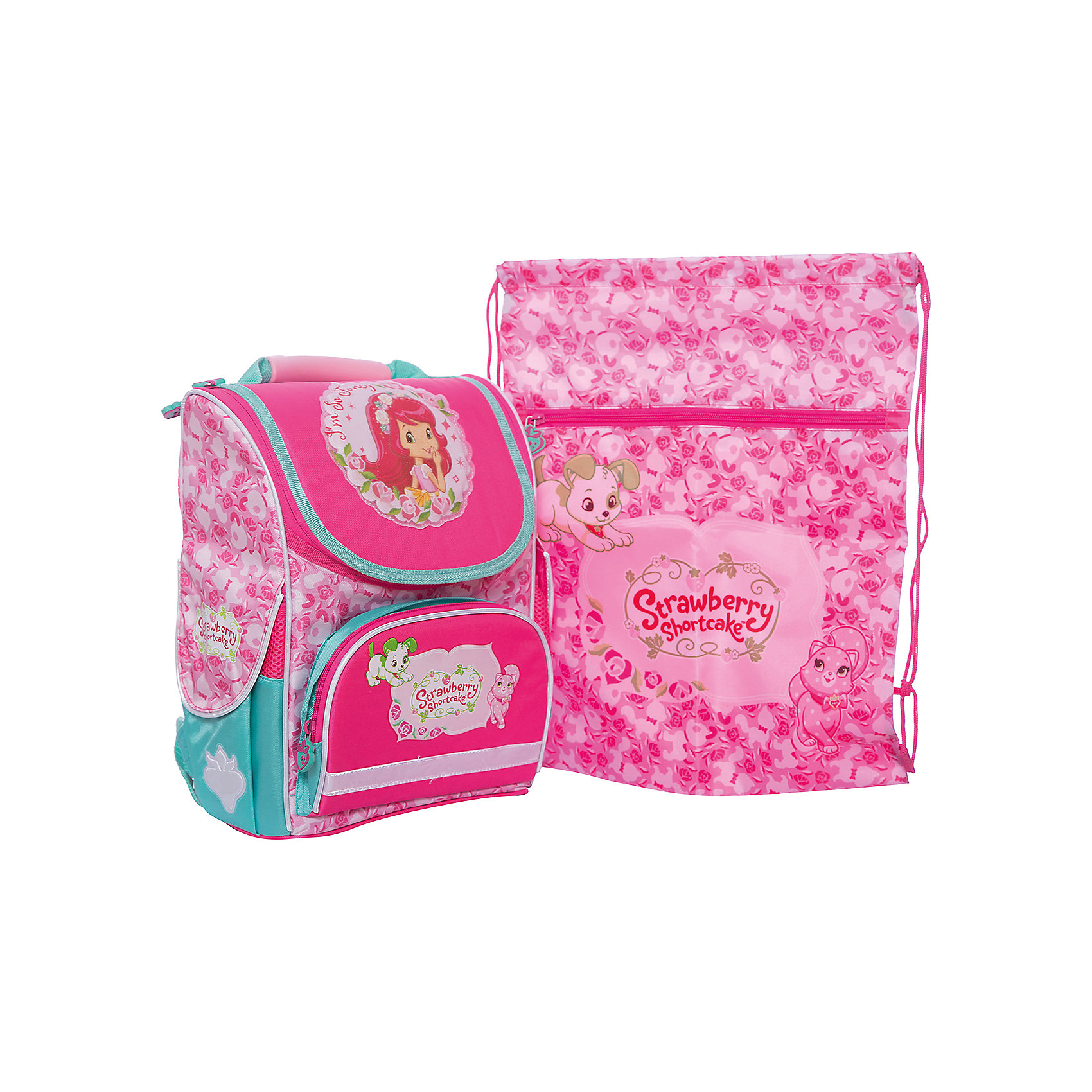 Набор Ранец школьный STRAWBERRY SHORTCAKE + мешок для обуви Набор Ранец школьный STRAWBERRY SHORTCAKE + мешок для обувиРанцы<br>Вес:900грамм<br>Размер: 34x27x13 см<br>Состав: ранец, мешок для обуви<br>Наличие светоотражающих элементов: да<br>Материал: полиэстер<br>Объем: 17л<br>Спина: жесткая<br>Наличие дополнительных карманов внутри: да<br>Дно выбрать: пластиковое<br>Количество отделений внутри: 1<br>Боковые карманы: есть молния<br>Замок: молния<br>Вмещает А4: да<br>Подойдет для возраста какого 7-10 лет для роста 122-146<br>Ранец комплектуется мешком для обуви, размером 43х34 см.<br>Жесткая рельефная анатомическая спинка повышенной комфортности, с вентилируемой с-мой задней спинки.Анатомический рельеф спинки повторяет естесственный изгиб позвоночника, что позволяет держать спину прямо и оптимально распределять нагрузку на спину ребёнка, а также создает дополнительный комфорт для ношения ранца на спине.<br>Вес рюкзака составляет меньше 900 г, что соответствует идеальным нормам нагрузки на спину.<br>На нижнем кармане лицевой стороны имеется светоотражающая полоска безопасности по всему периметру кармана.<br>Два боковых кармана и задние лямки со светоотражающими элементами безопасности.<br>Устойчивое дно защищено водооталкивающим материалом и имеет 4 пластиковые ножки для большей устойчивости.<br>Ранец дополнительно украшен лицензиоными элементами в виде клубничек.<br>Мешок для обуви имеет на лицевой стороне карман на молнии.<br><br>Ширина мм: 270<br>Глубина мм: 130<br>Высота мм: 340<br>Вес г: 900<br>Возраст от месяцев: 84<br>Возраст до месяцев: 120<br>Пол: Женский<br>Возраст: Детский<br>SKU: 6737164