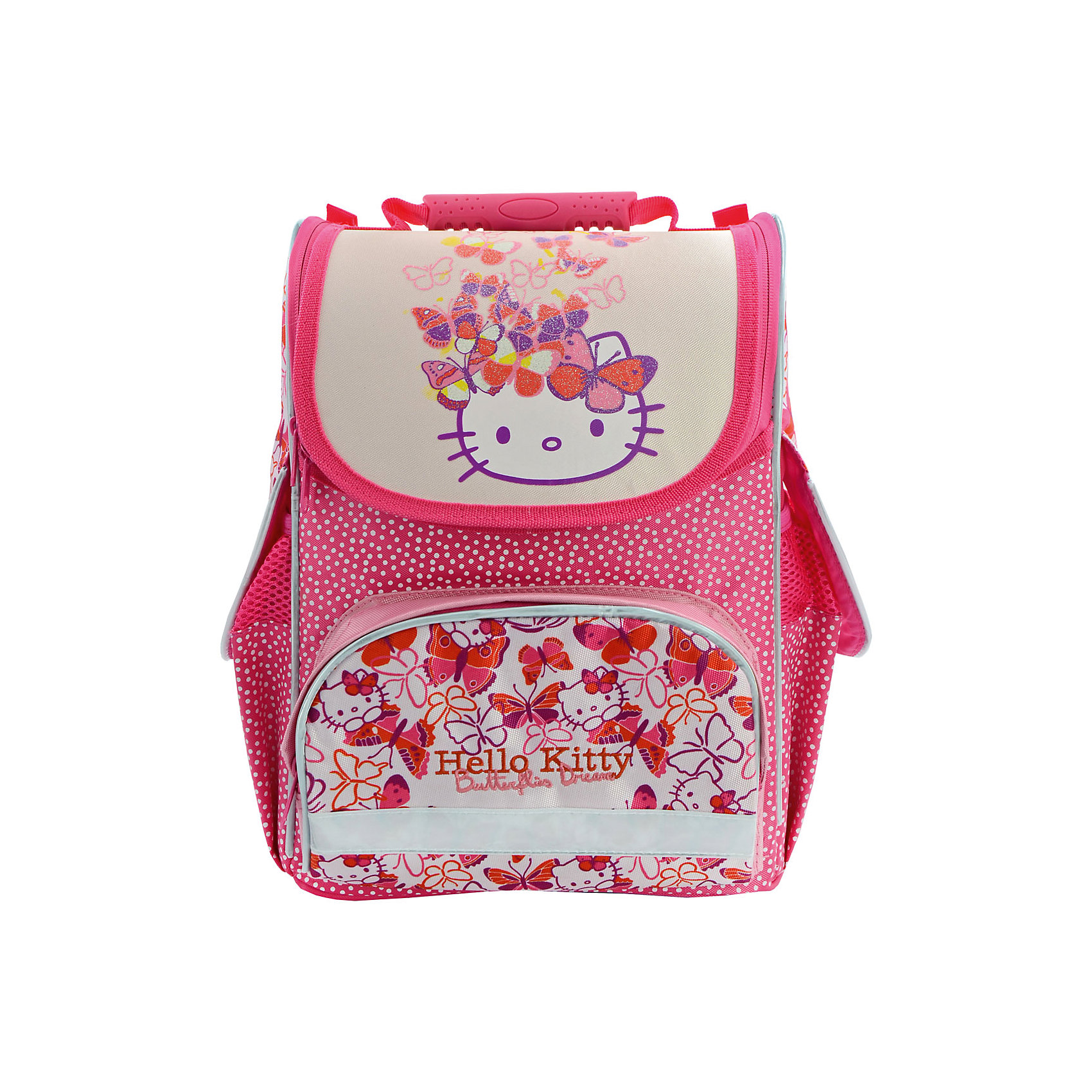 Набор Ранец школьный HELLO KITTY Набор Ранец школьный HELLO KITTYРанцы<br>Вес:900грамм<br>Размер: 34x27x13 см<br>Состав: ранец, мешок для обуви, пенал<br>Наличие светоотражающих элементов: да<br>Материал: полиэстер<br>Объем: 17л<br>Спина: жесткая<br>Наличие дополнительных карманов внутри: да<br>Дно выбрать: пластиковое<br>Количество отделений внутри: 1<br>Боковые карманы: есть липучка<br>Замок: молния<br>Вмещает А4: да<br>Подойдет для возраста какого 7-10 лет для роста 122-146<br>Ранец комплектуется мешком для обуви, и пеналом-косметичкой.<br>Жесткая рельефная анатомическая спинка повышенной комфортности, с вентилируемой с-мой задней спинки.Анатомический рельеф спинки повторяет естесственный изгиб позвоночника, что позволяет держать спину прямо и оптимально распределять нагрузку на спину ребёнка, а также создает дополнительный комфорт для ношения ранца на спине.<br>Вес рюкзака составляет меньше 900 г, что соответствует идеальным нормам нагрузки на спину.<br>На нижнем кармане лицевой стороны имеется светоотражающая полоска безопасности по всему периметру кармана.<br>Два боковых кармана и задние лямки со светоотражающими элементами безопасности.<br>Устойчивое дно защищено водооталкивающим материалом и имеет 4 пластиковые ножки для большей устойчивости.<br>Мешок для обуви, размером 43х34 см, имеет на лицевой стороне 2 светоотражающие полоски. Имеются фиксаторы положения.Без кармана.<br>Пенал-косметичка, разм 21,5х12 см, имеет 1 отделение на молнии, без наполнения<br><br>Ширина мм: 270<br>Глубина мм: 130<br>Высота мм: 340<br>Вес г: 900<br>Возраст от месяцев: 84<br>Возраст до месяцев: 120<br>Пол: Женский<br>Возраст: Детский<br>SKU: 6737165