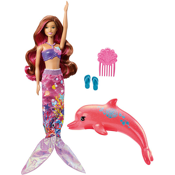 Русалка-трансформер Barbie из серии «Морские приключения» Русалка-трансформер Barbie из серии «Морские приключения»Barbie<br>Характеристики товара:<br><br>• возраст: от 3 лет<br>• материал: пластик;<br>• высота куклы: 28-30 см<br>• аксессуары в комплекте<br>• размер упаковки: 32,5X23X6 см<br>• страна бренда: США<br><br>Воплоти магию «Barbie и Волшебные Дельфины»™ в жизнь вместе с роскошной трансформирующейся куклой Barbie®! Кукла Barbie® легко превращается в?русалочку с помощью своего наряда 2-в-1. <br><br>Просто преврати тропическое платье в наряд русалки, потянув вниз рукава. Платье и хвост украшены великолепными изображениями океана. Для большего эффекта нанеси теплую воду на ее топ и?плавники. Они изменят цвет со сверкающего фиолетового на синий. <br><br>Помоги ей исследовать глубины вместе с другом-дельфином. Красивый коралловый дельфин может брызгаться водой!<br><br>Русалку-трансформер Barbie из серии «Морские приключения» можно купить в нашем интернет-магазине.<br><br>Ширина мм: 327<br>Глубина мм: 231<br>Высота мм: 63<br>Вес г: 291<br>Возраст от месяцев: 36<br>Возраст до месяцев: 72<br>Пол: Женский<br>Возраст: Детский<br>SKU: 6739678