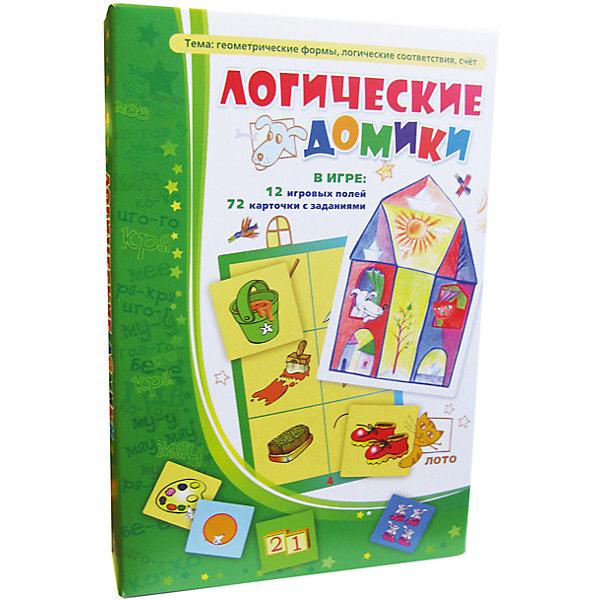Логические домики, Игротека Татьяны Барчан Логические домики, Игротека Татьяны БарчанВикторины и ребусы<br>Логические домики, Игротека Татьяны Барчан.<br><br>Характеристики:<br><br>• Для детей в возрасте: от 3 до 5 лет<br>• В комплекте: 12 больших карточек (игровые поля), 72 карточки с заданиями, инструкция<br>• Тема: Геометрические формы, логические соответствия, счет, времена года<br>• Материал: плотный качественный картон<br>• Производитель: ЦОТР Ребус (Россия)<br>• Упаковка: картонная коробка<br>• Размер упаковки: 270х180х45 мм.<br>• Вес: 315 гр.<br><br>Лото «Логические домики» стало одной из любимых игр малышей от 3-х до 5-ти. Двенадцать карточек – это двенадцать разных заданий. Чтобы их выполнить, маленьким игрокам надо проявить терпение, быть внимательным, научиться решать хитрые задачки, не попасться в ловушки. <br><br>В игре малыши знакомятся с плоскими и объёмными геометрическими фигурами, учатся подбирать логические пары, считать до шести. Маленькие карточки с ответами выкладываются на большой карточке. Мышата, нарисованные на картинках, подскажут, где верх, а где низ у маленькой карточки. Если правильно подобрать 6 карточек на обороте получится симпатичный домик. <br><br>Каждый домик соответствует одному из 12 месяцев. Собрав их все, вы сможете познакомить ребенка со временами года. Лото «Логические домики» было отмечено психологами из «Центра игры и игрушки» специальным знаком «Детские психологи рекомендуют».<br><br>Игру Логические домики, Игротека Татьяны Барчан можно купить в нашем интернет-магазине.<br><br>Ширина мм: 270<br>Глубина мм: 180<br>Высота мм: 40<br>Вес г: 291<br>Возраст от месяцев: 36<br>Возраст до месяцев: 60<br>Пол: Унисекс<br>Возраст: Детский<br>SKU: 6751325