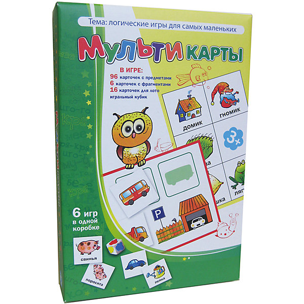 Мультикарты, Игротека Татьяны Барчан Мультикарты, Игротека Татьяны БарчанЛото<br>Мультикарты, Игротека Татьяны Барчан.<br><br>Характеристики:<br><br>• Для детей в возрасте: от 3 до 5 лет<br>• В комплекте: 96 карточек 4-х цветов с изображениями предметов, 6 синих карточек для игры в лото «Хвостики и носики», 8 красных карточек с «гаражами» для игры лото «Стоянка машин», 8 жёлтых карточек для игры в рифмы, игральный кубик, наклейки для кубика, инструкция<br>• Тема: Логические игры для самых маленьких<br>• Материал: плотный качественный картон<br>• Производитель: ЦОТР Ребус (Россия)<br>• Упаковка: картонная коробка<br>• Размер упаковки: 268х182х42 мм.<br>• Вес: 362 гр.<br><br>Эта игра недаром называется «Мульти...» Она очень нравится малышам! Основной игровой материал большой: 96 карточек с изображениями предметов, животных, машинок. Есть деревянный кубик и наклейки для него («кляксы» жёлтого, синего, красного и зелёного цвета). И ещё в игре – 22 карточки для игры в три лото. <br><br>Малыш будет играть и учиться одновременно: цвет, форма, сравнение, нахождение предмета по двум признакам, животные и их детёныши, «прятки»- «мемори» и даже подбор рифмующихся слов – всё трудные темы предложены в понятной и доступной для малышей форме. Варианты заданий могут усложняться. Игра Мультикарты станет первой логической настольной игрой для вашего малыша.<br><br>Игру Мультикарты, Игротека Татьяны Барчан можно купить в нашем интернет-магазине.<br><br>Ширина мм: 270<br>Глубина мм: 180<br>Высота мм: 40<br>Вес г: 362<br>Возраст от месяцев: 36<br>Возраст до месяцев: 60<br>Пол: Унисекс<br>Возраст: Детский<br>SKU: 6751331