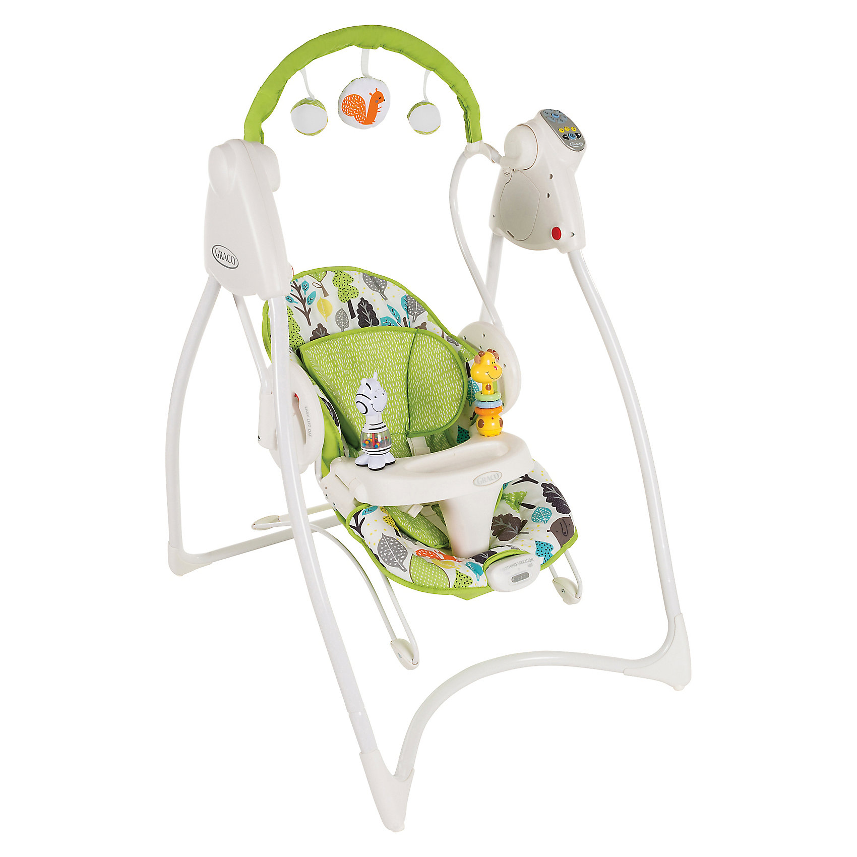 Электрокачели 2 в 1 Swing and Bounce, Graco, Bear Trail, салатовый Электрокачели 2 в 1 Swing and Bounce, Graco, Bear Trail, салатовыйКачели электронные<br>Эти качели 2-в-1 класса люкс обеспечивают максимальный уровень комфорта и поддержки.<br>Можно использовать как шезлонг или как убаюкивающие шестискоростные качели. <br>6 cкоростей укачивания и поворотная перекладина со съемными игрушками. <br>Съемный подголовник и мягкая подушка сиденья для дополнительного комфорта. <br>Легко трансформируется в шезлонг. Плавная вибрация.<br><br>Ширина мм: 860<br>Глубина мм: 700<br>Высота мм: 960<br>Вес г: 10250<br>Возраст от месяцев: 0<br>Возраст до месяцев: 12<br>Пол: Унисекс<br>Возраст: Детский<br>SKU: 6757377