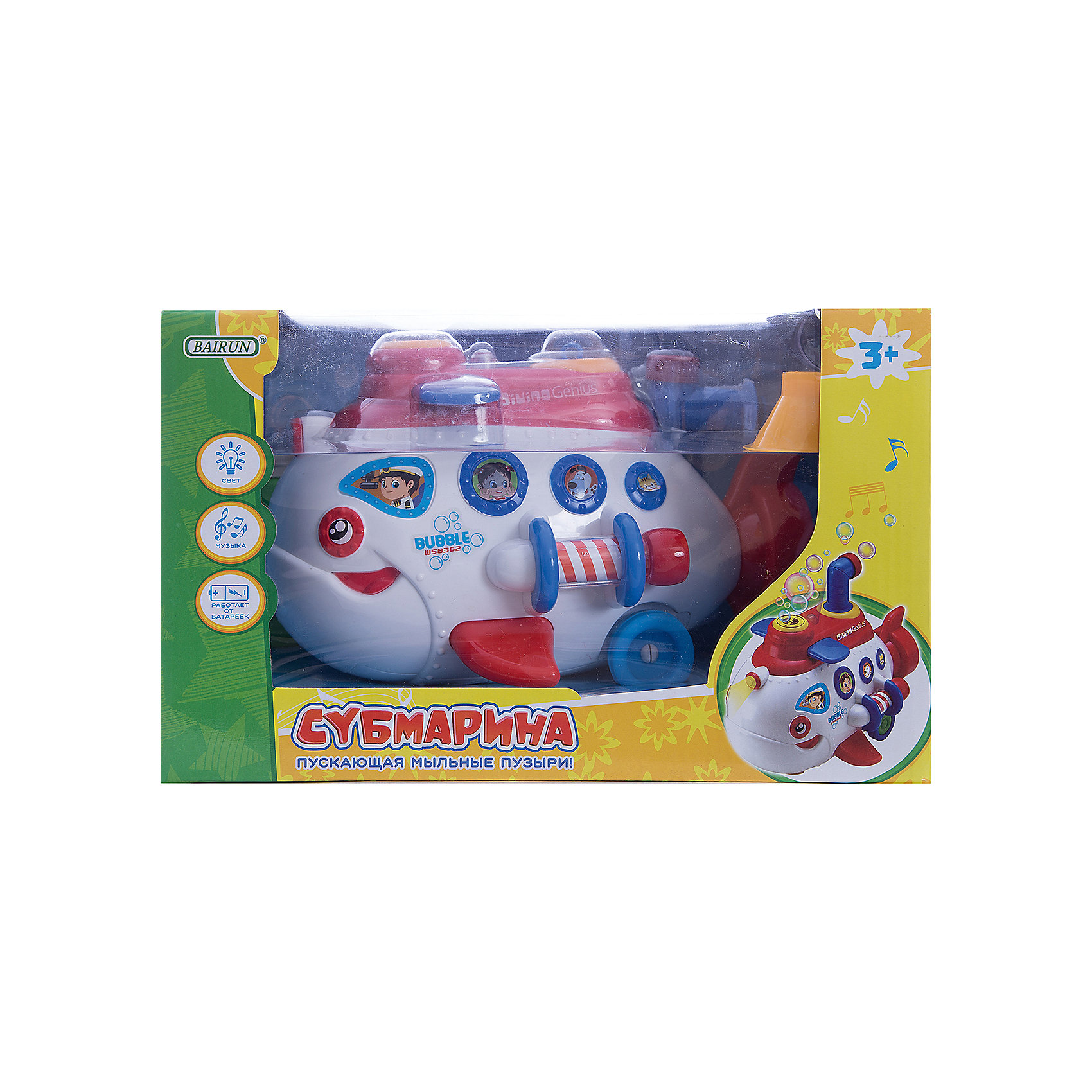 Игрушка Bairun Субмарина пускающая мыльные пузыри Игрушка Bairun Субмарина пускающая мыльные пузыриМыльные пузыри<br>Характеристики:<br><br>• возраст: от 3 лет<br>• комплектация: субмарина, воронка, баночка с мыльной жидкостью<br>• особенности: произвольное движение, световые и звуковые эффекты<br>• размер игрушки: 17х28x16 см.<br>• материал: пластик<br>• батарейки: 3 типа АА<br>• наличие батареек: не входят в комплект<br>• упаковка: картонная коробка блистерного типа<br><br>Игрушка в виде яркой подводной лодки «плавает» только по суше, и при движении, устраивает фееричное шоу мыльных пузырей. Дорогу субмарине освещает прожектор. Субмарина с легкостью обходит препятствия и отпугивает акул заводной музыкой.<br><br>Чтобы игрушка начала запуск пузырей, с помощью прилагаемой воронки влейте в специальный отсек субмарины мыльный раствор и наслаждайтесь представлением.<br><br>Игрушку, пускающую мыльные пузыри Субмарина, Bairun (Байран) можно купить в нашем интернет-магазине.<br><br>Ширина мм: 238<br>Глубина мм: 145<br>Высота мм: 145<br>Вес г: 750<br>Возраст от месяцев: 36<br>Возраст до месяцев: 2147483647<br>Пол: Унисекс<br>Возраст: Детский<br>SKU: 6841722