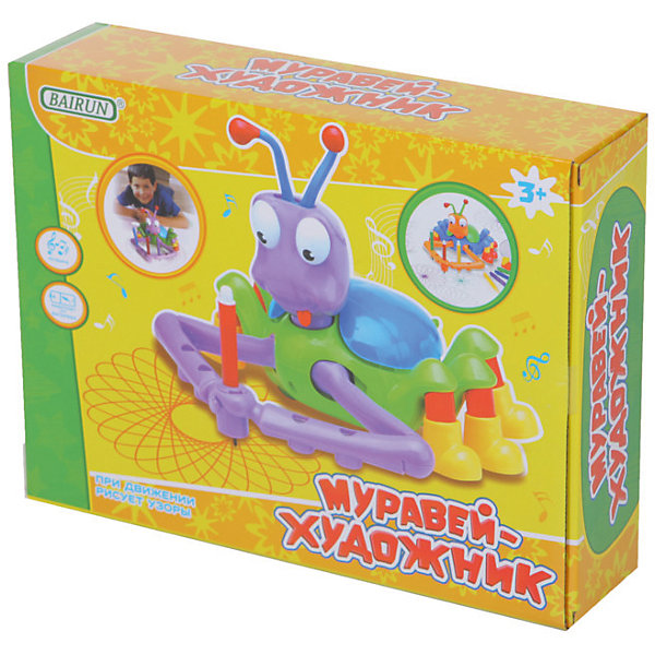 Интерактивная игрушка Bairun Муравей-художник Интерактивная игрушка Bairun Муравей-художникИнтерактивные животные<br>Характеристики:<br><br>• возраст: от 3 лет<br>• комплектация: игрушечный муравей, 5 фломастеров<br>• материал: пластик<br>• батарейки: 2 типа АА<br>• наличие батареек: не входят в комплект<br>• размер упаковки: 30х7,5х22,5 см.<br><br>Интерактивная игрушка «Муравей-художник» станет замечательным подарком не только детям, но и взрослым. Стоит только включить муравья, как он начнет рисовать на бумаге различные красивые и ровные узоры, держа карандашик или фломастер в своих лапках. <br><br>Вы сами решаете, какой фломастер дать муравью и какого цвета будет узор, а амплитуду и размах его узоров можно свободно регулировать, переключая регулятор на брюшке муравья. Во время рисования творческий муравей наигрывает веселую музыку.<br><br>Игрушку Муравей-художник, Bairun (Байран) можно купить в нашем интернет-магазине.<br><br>Ширина мм: 300<br>Глубина мм: 230<br>Высота мм: 7<br>Вес г: 610<br>Возраст от месяцев: 36<br>Возраст до месяцев: 2147483647<br>Пол: Унисекс<br>Возраст: Детский<br>SKU: 6841730