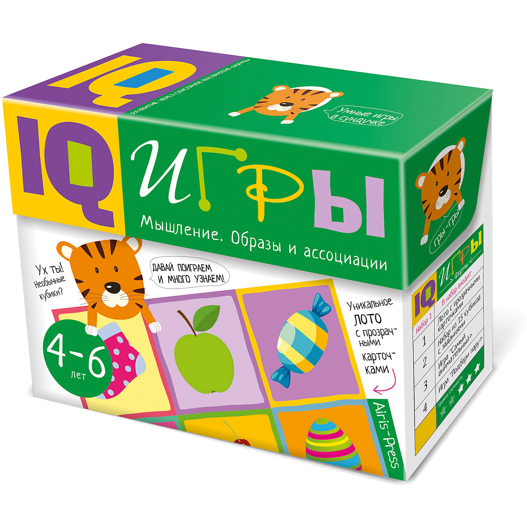 Сундучок с IQ играми Мышление: Образы и ассоциации, 4-6 лет Сундучок с IQ играми Мышление: Образы и ассоциации, 4-6 летКниги для развития мышления<br>IQ-игры «Мышление. Образы и ассоциации» — это набор интересных игр для активной подготовки к школе. Они направлены на развитие сенсорики, внимания, памяти, мышления, воображения и речи. В процессе игры ребёнок будет соотносить объём и плоскость, научится узнавать предмет по силуэту, выделять характерные детали, находить ассоциативные связи между предметами. Он сможет самостоятельно определять, правильно ли выполнено задание, научится видеть свои ошибки и исправлять их. Играть можно вдвоём (если ребёнок маленький) или в компании (хороший вариант для старших дошкольников).
<br>В игровой комплект включены 5 развивающих игр: IQ-лото с 54 прозрачными карточками, 12 кубиков с изображением геометрических фигур, увлекательная игра-головоломка «Я сочиняю сказку», необычная игра с прищепками «Подбери пару», игра с маркером «Кляксики», а также методическое пособие с подробным описанием заданий.
<br>Набор предназначен для детей 4-6лет.<br><br>Ширина мм: 80<br>Глубина мм: 220<br>Высота мм: 165<br>Вес г: 780<br>Возраст от месяцев: 48<br>Возраст до месяцев: 72<br>Пол: Унисекс<br>Возраст: Детский<br>SKU: 6849585