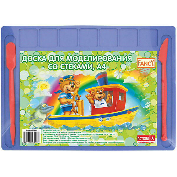 ACTION! Доска для лепки ACTION! Доска для лепкиАксессуары для творчества<br>Характеристики товара:<br><br>• формат доски: А4;<br>• размер: 30х21 см;<br>• в комплекте: 2 стека;<br>• материал: пластик;<br>• размер упаковки: 1х30х21 см;<br>• вес: 100 грамм;<br>• возраст: от 3 лет.<br><br>Доска для лепки от ACTION! подходит для пластилина, глины и других материалов. Она изготовлена из прочного пластика и, к тому же, легко очищается после использования. Пластик не содержит токсичных веществ, опасных для ребенка.<br><br>В комплект входят два стека, с помощью которых ребенок сможет отрезать необходимое количество пластилина и создать желаемые детали скульптуры. Доска имеет специальные отделения для хранения пластилина. Формат доски - А4.<br><br>ACTION! (Экшен!) Доску для лепки можно купить в нашем интернет-магазине.<br><br>Ширина мм: 210<br>Глубина мм: 300<br>Высота мм: 10<br>Вес г: 100<br>Возраст от месяцев: 36<br>Возраст до месяцев: 168<br>Пол: Унисекс<br>Возраст: Детский<br>SKU: 6858988
