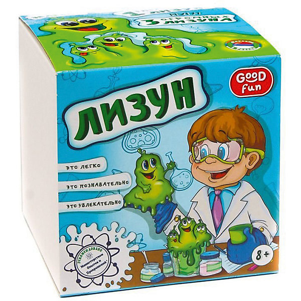 Набор для опытов Лизун, цвет зеленый, GOOD FUN Набор для опытов Лизун, цвет зеленый, GOOD FUNФизика<br>Характеристики:<br><br>• возраст: от 8 лет<br>• в наборе: поливиниловый спирт (порошок), тетраборат натрия (порошок), глицерин, краситель, пластиковый мерный стаканчик, пластиковый цветной стаканчик, перчатки, мерная ложечка, палочка для размешивания, инструкция<br>• дополнительно потребуется: стеклянная банка объемом не менее 0,5 л.<br>• для проведения опыта необходима помощь взрослых<br>• упаковка: картонная коробка<br>• размер упаковки: 12,5х12,5х12,5 см.<br>• вес: 200 гр.<br><br>Набор для опытов «Лизун» позволит ребенку не только весело и с пользой провести время за приготовлением популярной во всем мире игрушки - лизуна, но и познакомится с веществами, которые обладают необычными свойствами - полимерами.<br><br>В набор входят реактивы и приспособления для изготовления трех больших лизунов зеленого цвета, которые затем можно соединить в один гигантский весом около 400 граммов. Готовый лизун может принимать ту форму, в которую его поместят, он отлично отделяется от поверхностей и кожи, оставаясь пластичным и вязким.<br><br>Набор для опытов «Лизун» от GOOD FUN (ГУД ФАН) – это легко, познавательно и увлекательно.<br><br>Набор для опытов Лизун, цвет зеленый, GOOD FUN (ГУД ФАН) можно купить в нашем интернет-магазине.<br><br>Ширина мм: 125<br>Глубина мм: 125<br>Высота мм: 125<br>Вес г: 250<br>Возраст от месяцев: 96<br>Возраст до месяцев: 2147483647<br>Пол: Унисекс<br>Возраст: Детский<br>SKU: 6863122