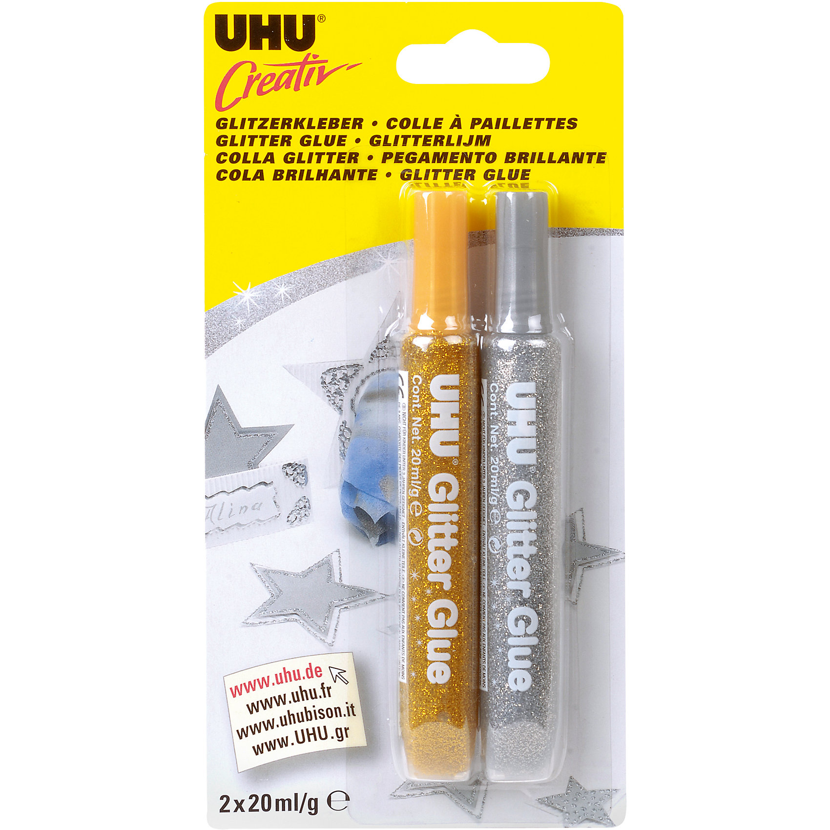 Клеящие блестки 2*10мл GLITTER GLUE Клеящие блестки 2*10мл GLITTER GLUEПринадлежности для творчества<br>Клеящие блестки для украшений (цвета: золотистый и серебристый) 2 x 20мл. Разноцветные клеящие блестки для декорирования украшений с эффектом блеска на различных поверхностях. Идеально подходят для декорирования различных предметов в домашних условиях. Очень мягкий тюбик с тонким наконечником облегчает точное дозирование. Клеящие блестки не стекают и не образуют нитей.<br><br>Ширина мм: 190<br>Глубина мм: 20<br>Высота мм: 96<br>Вес г: 43<br>Возраст от месяцев: 36<br>Возраст до месяцев: 2147483647<br>Пол: Унисекс<br>Возраст: Детский<br>SKU: 6873792