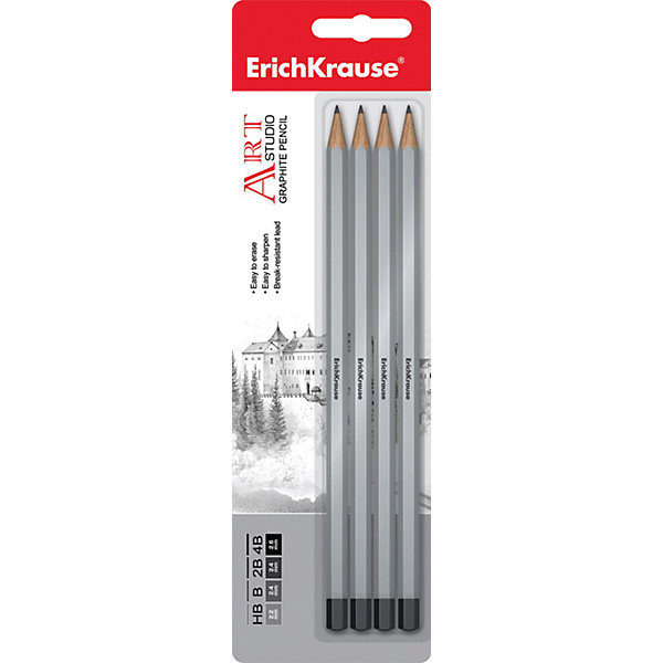 Erich Krause Чернографитный карандаш ART-STUDIO (HB,B,2B,4B) шестигранный, заточенный, в наборе из 4 штук (блистер) Erich Krause Чернографитный карандаш ART-STUDIO (HB,B,2B,4B) шестигранный, заточенный, в наборе из 4 штук (блистер)Письменные принадлежности<br>Характеристики товара:<br><br>• в комплекте: 4 карандаша;<br>• твердость: HB, B, 2B, 4B;<br>• размер упаковки: 1,5х6х20 см;<br>• вес: 37 грамм.<br><br>В набор от известного бренда Erich Krause входят четыре чернографитных карандаша с разной твердостью: HB, B, 2B, 4B. Карандаши имеют прочный шестигранный корпус, легко затачиваются, не крошатся. Такой набор отлично подойдет для рисования и черчения.<br><br>Erich Krause (Эрих Краузе) Чернографитный карандаш ART-STUDIO (HB,B,2B,4B) шестигранный, заточенный, в наборе из 4 штук (блистер) можно купить в нашем интернет-магазине.<br><br>Ширина мм: 200<br>Глубина мм: 60<br>Высота мм: 15<br>Вес г: 36<br>Возраст от месяцев: 144<br>Возраст до месяцев: 2147483647<br>Пол: Унисекс<br>Возраст: Детский<br>SKU: 6878841