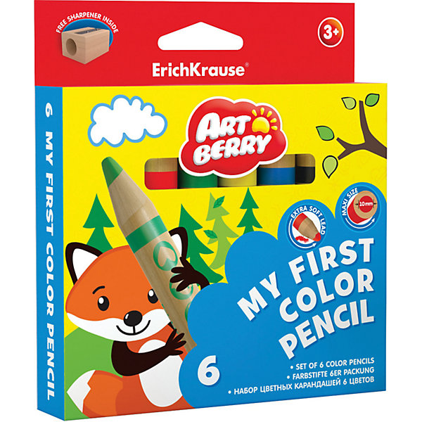 Erich Krause Цветные карандаши ArtBerry My First 6 цветов + точилка Erich Krause Цветные карандаши ArtBerry My First 6 цветов + точилкаКарандаши для творчества<br>Характеристики товара:<br><br>• в комплекте: 6 карандашей (6 цветов), точилка;<br>• материал: дерево;<br>• размер упаковки: 1,5х7х21 см;<br>• вес: 132 грамма;<br>• возраст: от 3 лет.<br><br>Набор карандашей ArtBerry My Firs прекрасно подойдет для самых маленьких художников. В комплект входят 6 утолщенных карандашей и точилка. Карандаши удобно лежат в ручках малыша. Корпус хорошо выдерживает сильный нажим и падения. Стержень мягко рисует, нанося равномерные, ровные штрихи. С помощью точилки ребенок сможет заточить свои карандаши без лишних усилий.<br><br>Erich Krause (Эрих Краузе) Цветные карандаши ArtBerry My First 6 цветов + точилка можно купить в нашем интернет-магазине.<br><br>Ширина мм: 210<br>Глубина мм: 70<br>Высота мм: 15<br>Вес г: 131<br>Возраст от месяцев: 84<br>Возраст до месяцев: 216<br>Пол: Унисекс<br>Возраст: Детский<br>SKU: 6878862
