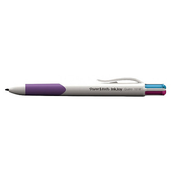 Ручка шариковая Paper mate Quatro, 4 цвета в одной ручке Ручка шариковая Paper mate Quatro, 4 цвета в одной ручкеПисьменные принадлежности<br>Характеристики товара:<br><br>• тип ручки: шариковая;<br>• цвета чернил: зеленый, голубой, розовый, фиолетовый;<br>• размер упаковки: 2х2х14 см;<br>• вес: 21 грамм;<br>• возраст: от 3 лет.<br><br>Шариковая ручка QUATRO содержит четыре стержня с чернилами: зеленый, голубой, розовый и фиолетовый. Чернила быстро высыхают и оставляют яркие, насыщенные линии. Корпус ручки изготовлен из прочного пластика. Зона захвата дополнена резиновыми элементами, обеспечивающими комфортное письмо и правильное сцепление с рукой. Зажим поможет удобно переносить ручку в кармане, блокноте или сумке.<br><br>PAPER MATE (Пэйпер Мэйт) Ручку шариковую QUATRO можно купить в нашем интернет-магазине.<br><br>Ширина мм: 140<br>Глубина мм: 20<br>Высота мм: 20<br>Вес г: 21<br>Возраст от месяцев: 36<br>Возраст до месяцев: 2147483647<br>Пол: Унисекс<br>Возраст: Детский<br>SKU: 6884869