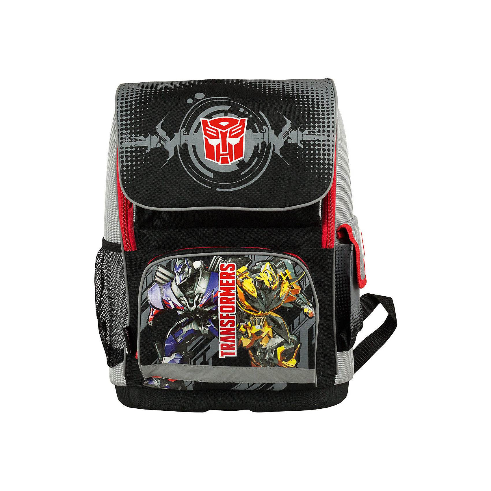 Школьный ранец Kinderline Transformers, без наполнения Школьный ранец Kinderline Transformers, без наполненияРанцы<br>*Рекомендовано Научным центром здоровья детей РАМН.<br>Рюкзак с одним отделением на молнии, двумя фронтальным карманами на молнии и двумя боковыми карманами; закрывается крышкой на липучке, на обороте крышки - прозрачный карман для расписания уроков; внутри отделения - секция для книг и тетрадей с утягивающей резинкой; спинка и дно усилены пластиком; лямки анатомической S-образной формы с нагрудной стяжкой и поясным ремнем, регулируются по длине; для безопасности рюкзак снабжен светоотражающими элементами.<br> Размер 39 х 31 х 16 см.<br><br>Ширина мм: 160<br>Глубина мм: 380<br>Высота мм: 390<br>Вес г: 770<br>Возраст от месяцев: 96<br>Возраст до месяцев: 108<br>Пол: Мужской<br>Возраст: Детский<br>SKU: 6891456